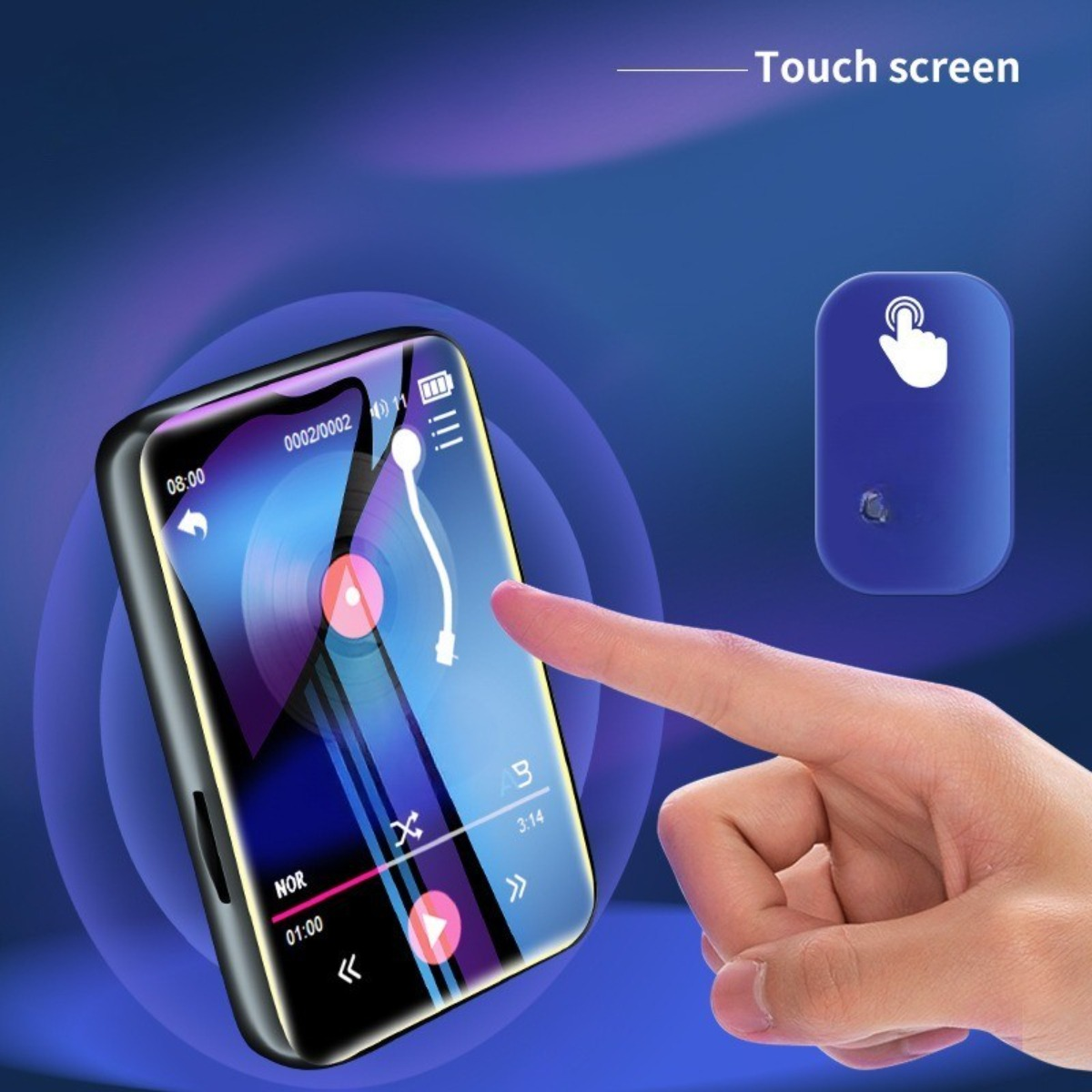Ein kleiner, schwarzer, tragbarer Musikplayer mit Touchscreen-Oberfläche.