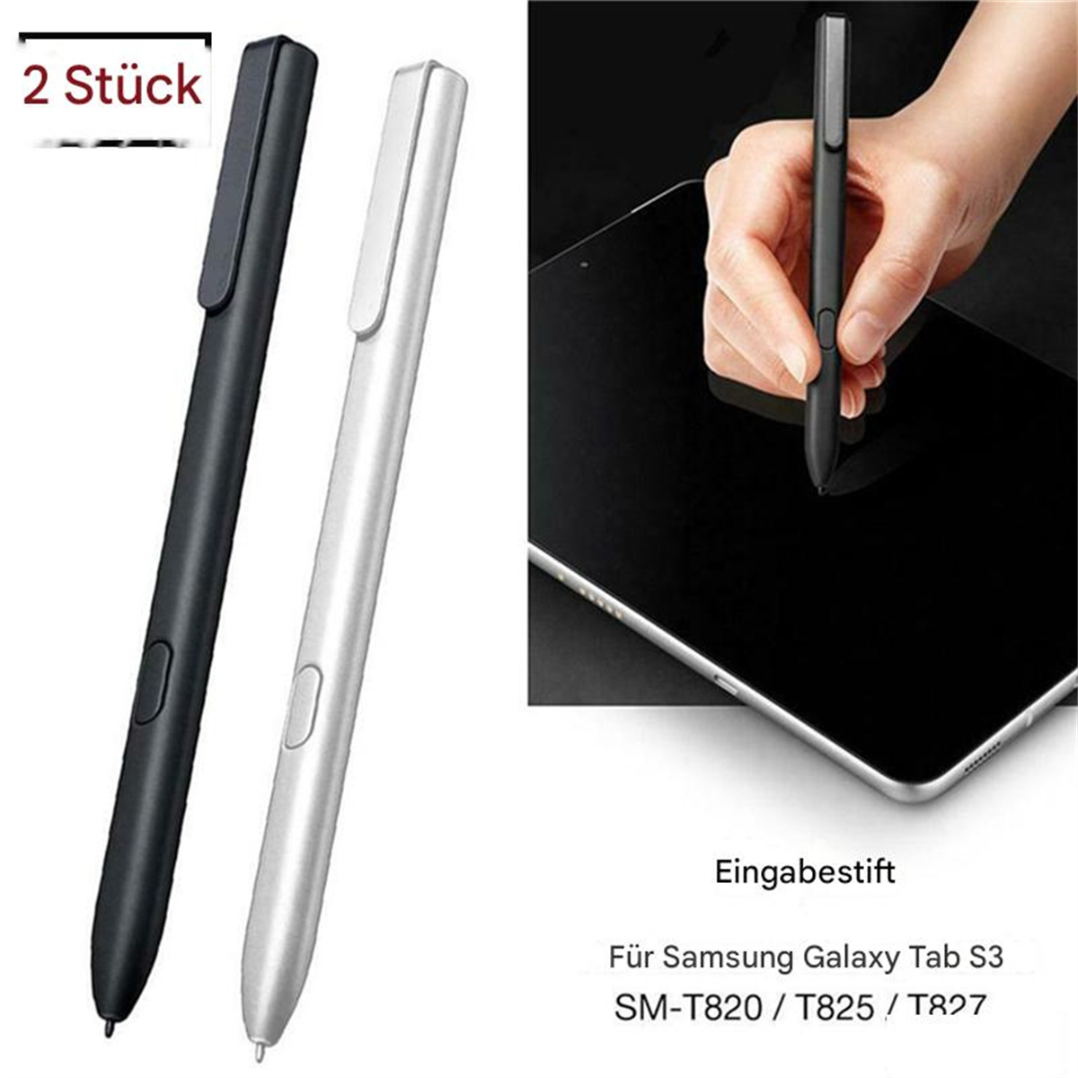 Zwei schwarze und silberne Stifte mit einem Tablet. Schwarzer Hintergrund. Stifte sind für Tablet.