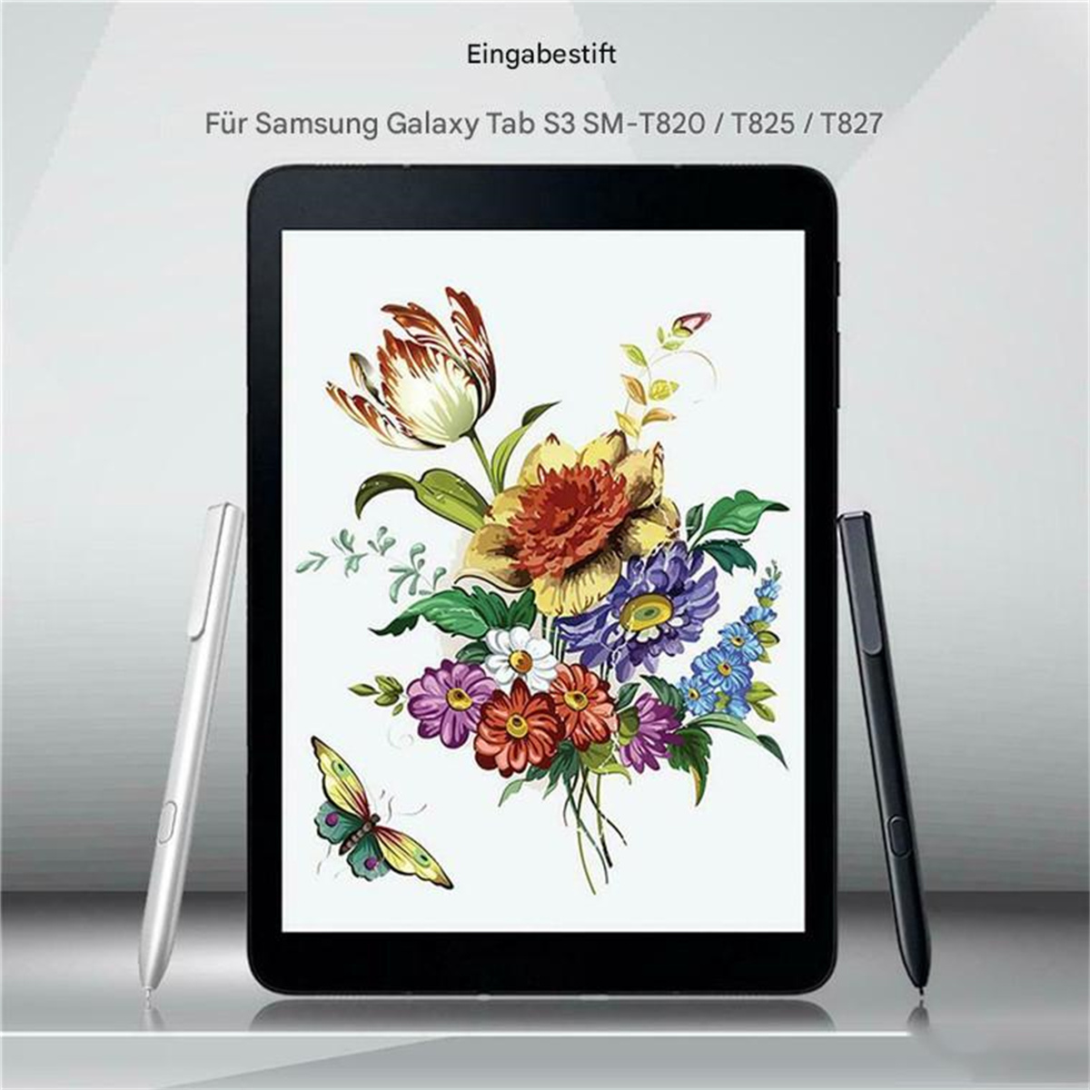 Tablet mit Blumenkunst, zwei Stiften und einem Schmetterling links.