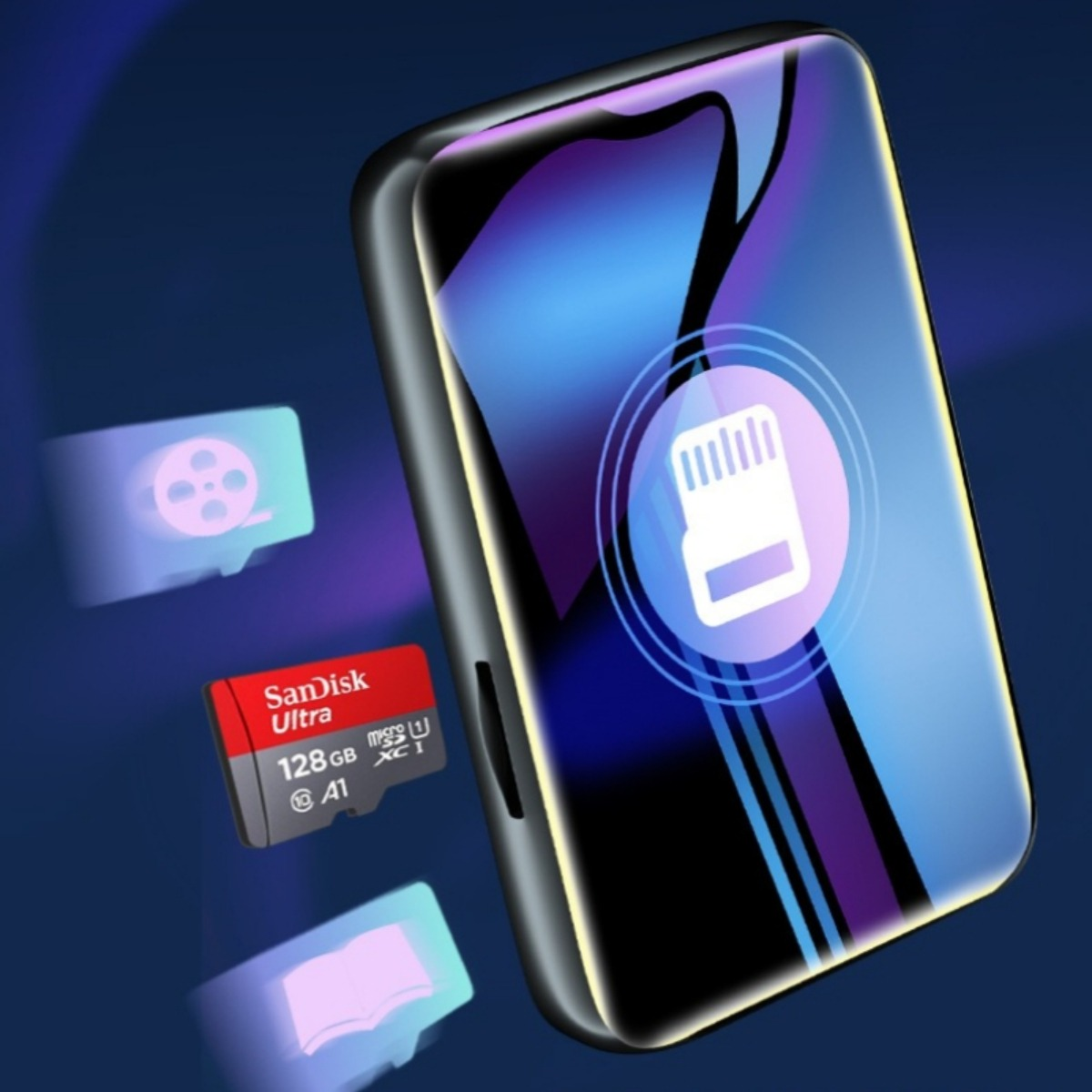 Ein Smartphone mit Speicherkarte und Symbolen auf einem blau-dunkelblauen Farbverlaufshintergrund.