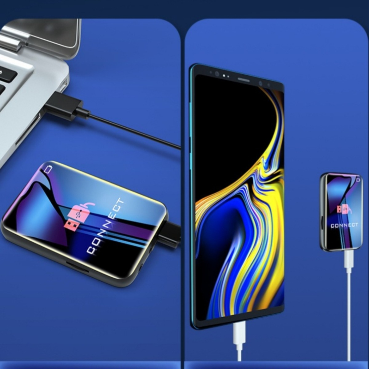 Geräte laden. Ein Telefon und eine Powerbank sind verbunden.