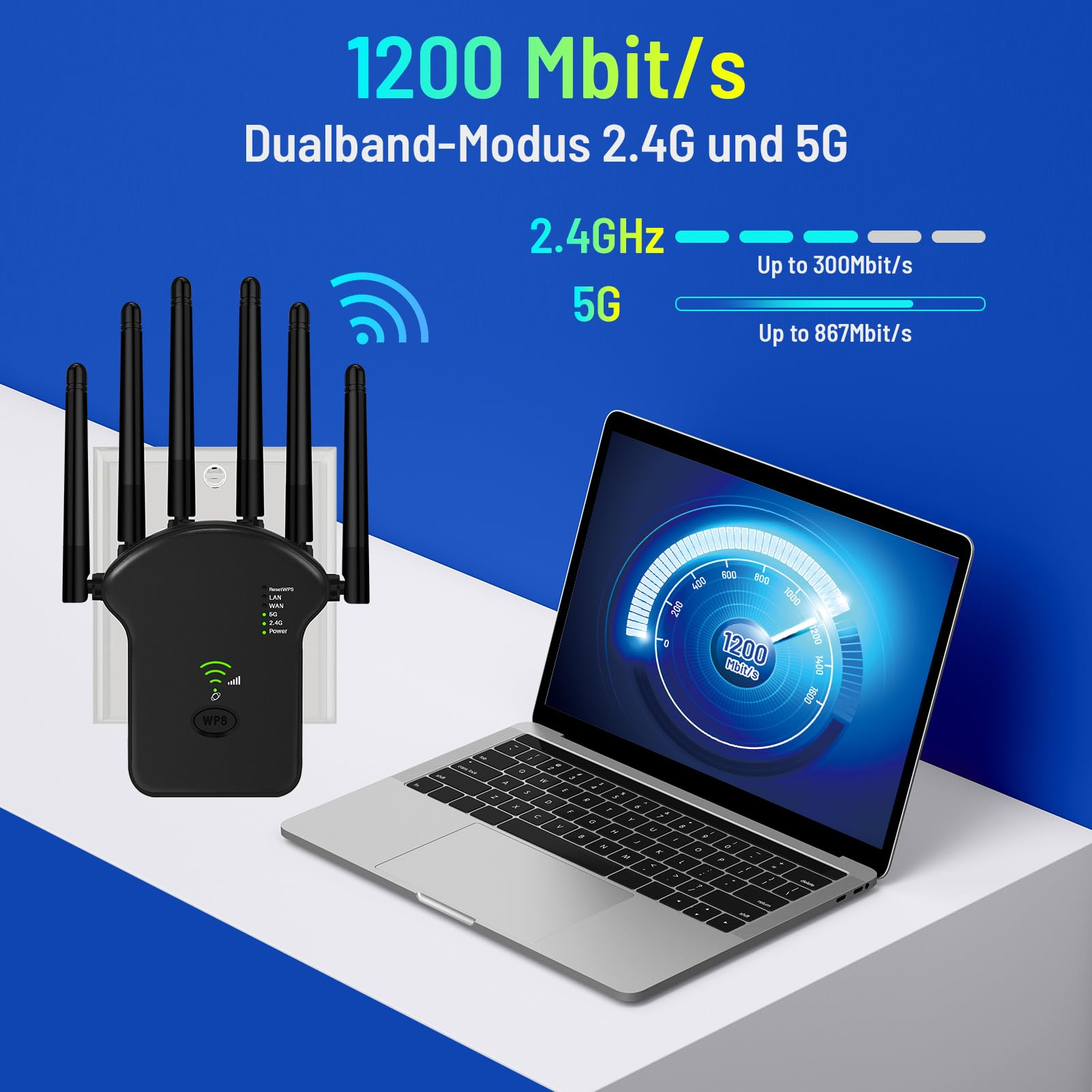 Ein WLAN-Repeater mit Laptop und Text über 1200 Mbits/s und 2,4/5G.