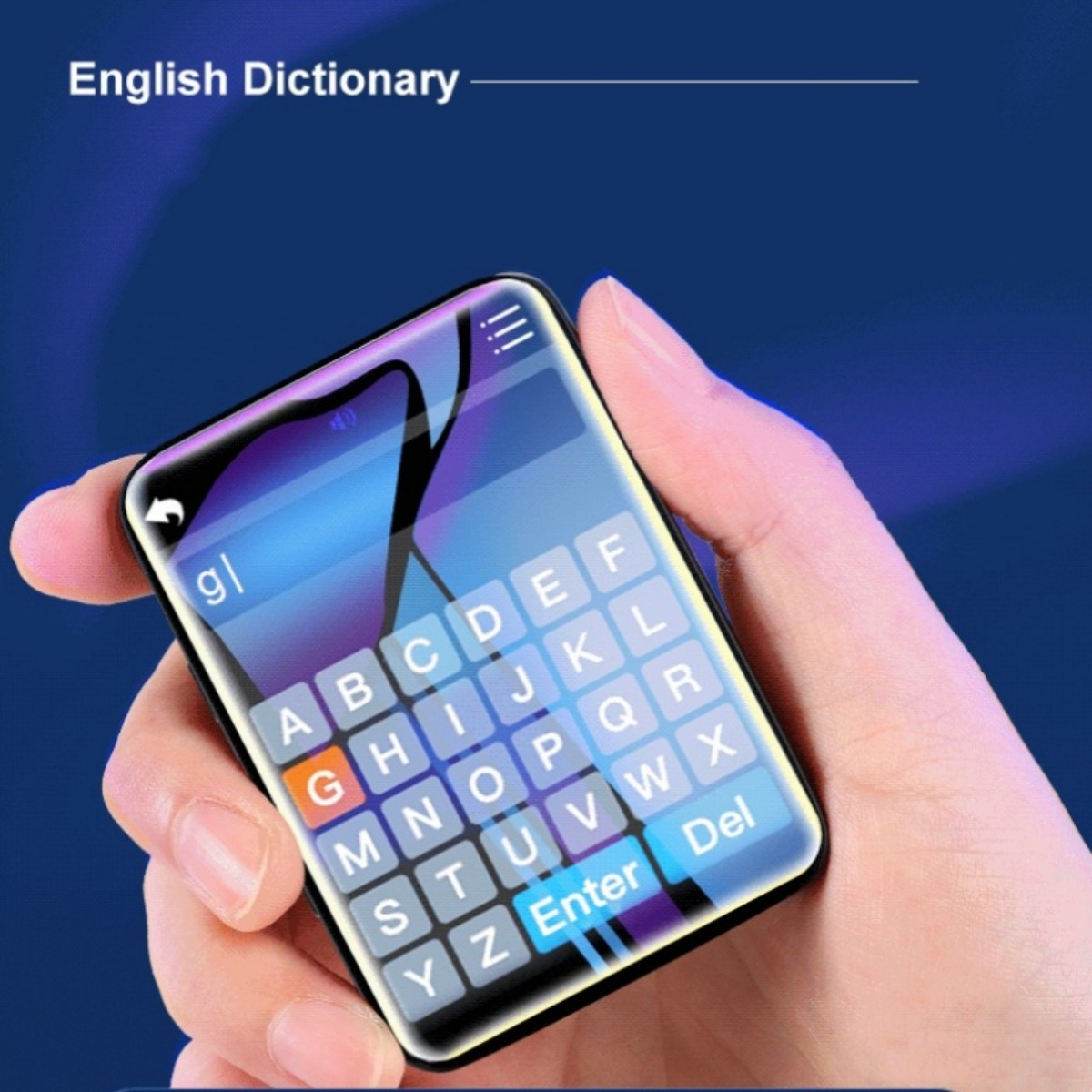 Kleines, handliches englisches Wörterbuch auf einem telefonähnlichen Gerät in einer Hand.