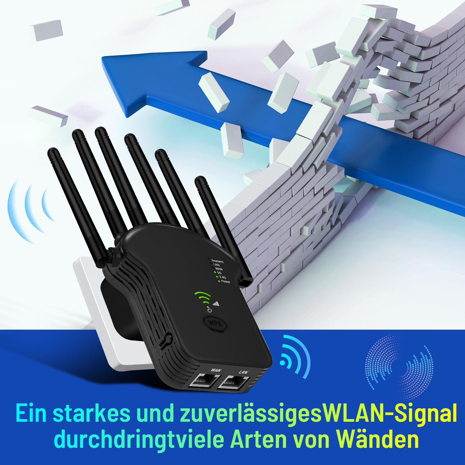 Schwarzer WLAN-Extender mit Antennen. Blauer Pfeil zeigt auf eine Wand. Text auf Deutsch. Weißer Hintergrund.