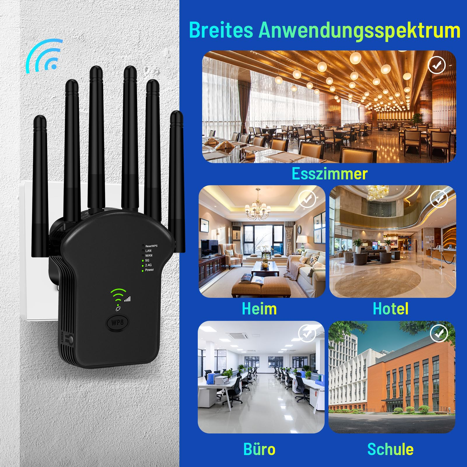 Ein WLAN-Repeater mit mehreren Antennen ist an einer Steckdose angeschlossen. Einsatzszenen werden gezeigt.