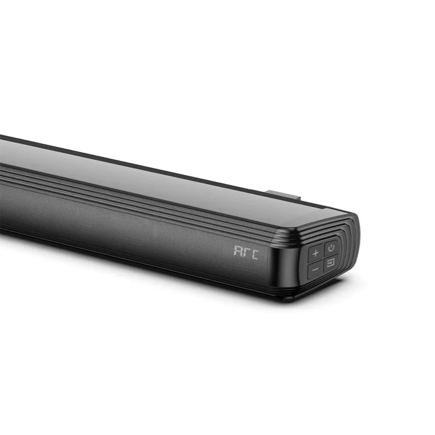 Czarny soundbar z przyciskami po prawej stronie i literami "AFC" z przodu.