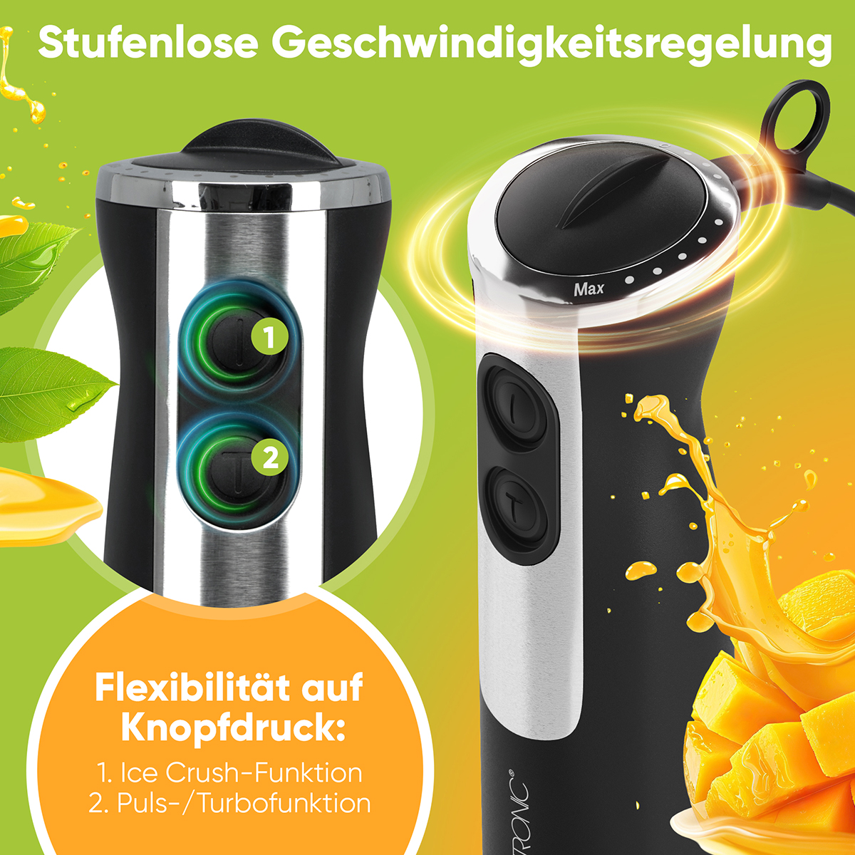 Zwei Stabmixer, links mit Tasten 1 & 2, rechts mit 'Max'-Regler. Gelbe Flüssigkeit und Mangos.
