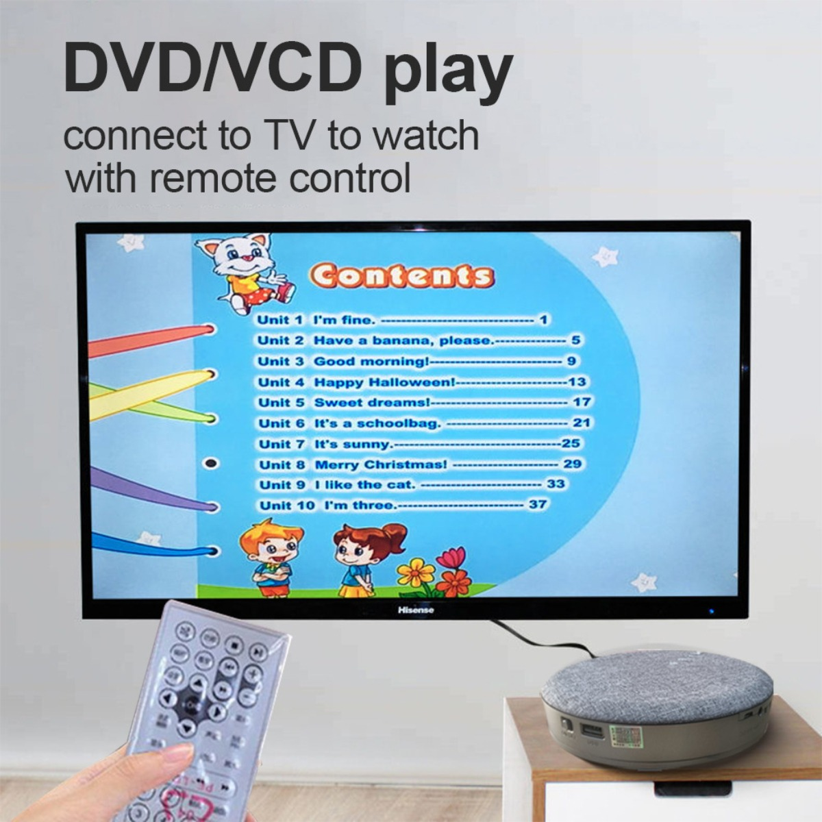 Fernsehbildschirm mit einer Cartoon-Inhaltsseite. Eine Fernbedienung und eine Set-Top-Box im Vordergrund.