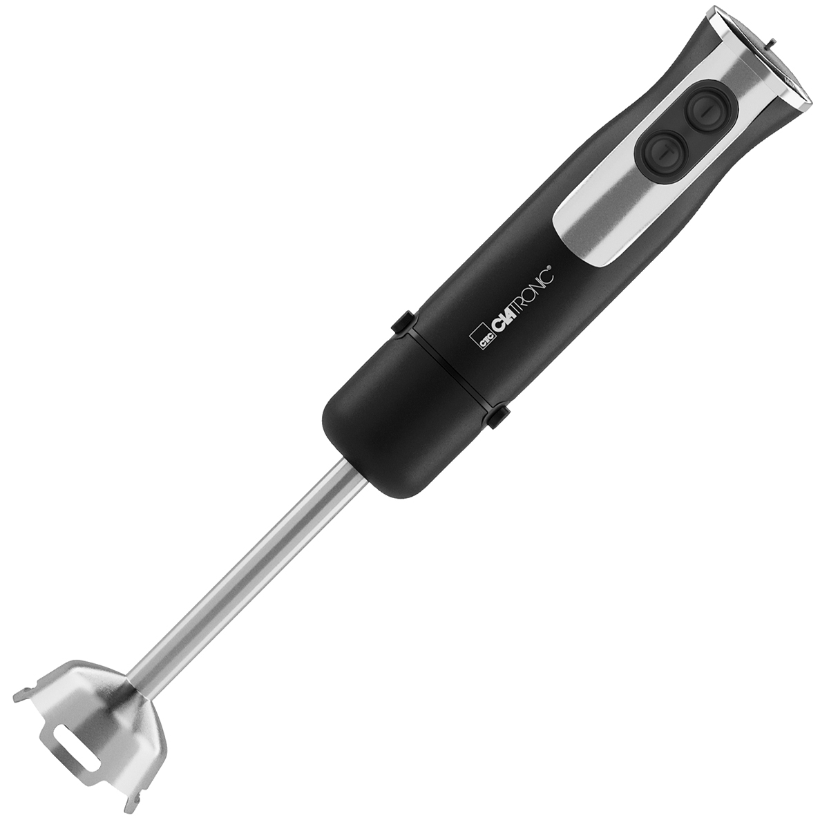 Schwarzer und silberner Stabmixer mit Edelstahl-Mixschaft.