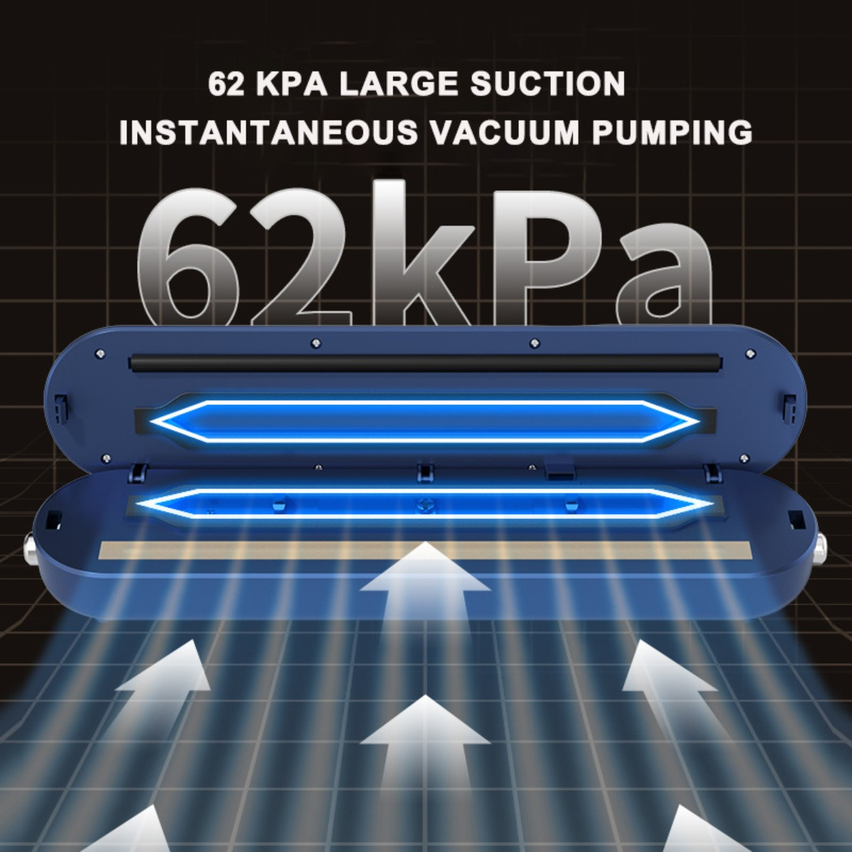 Eine blaue Vakuumversiegelungsmaschine mit Pfeilen und dem Text '62 kPa'. Weiße Pfeile zeigen den Vakuumprozess an.