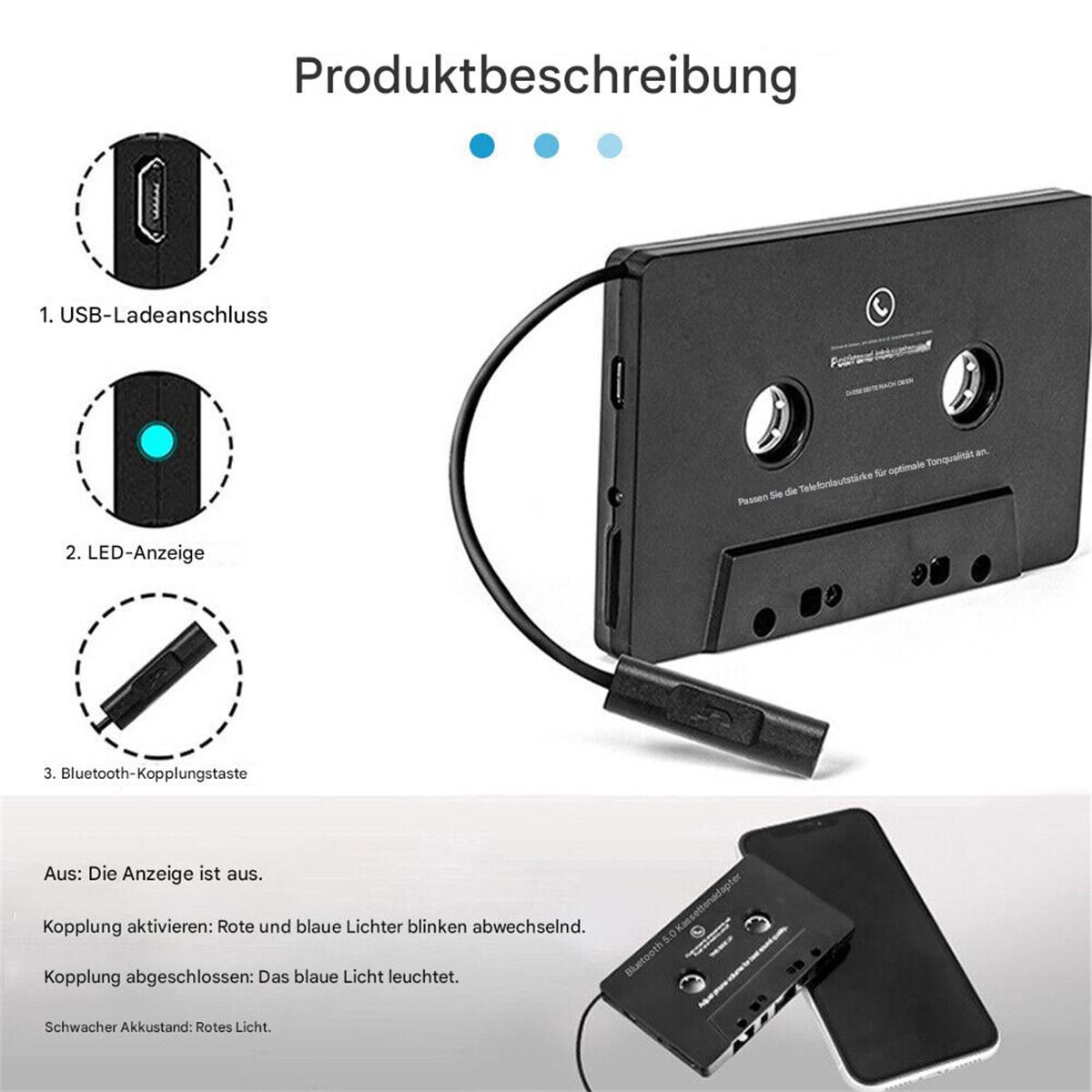 Schwarzer Kassettenplayer mit USB-, LED- und Bluetooth-Tasten und einem Smartphone.