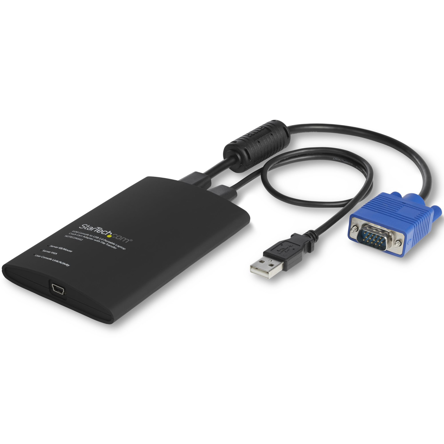 Schwarzes USB-Gerät mit Kabeln, einschließlich eines USB-Anschlusses und eines blauen VGA-Anschlusses.