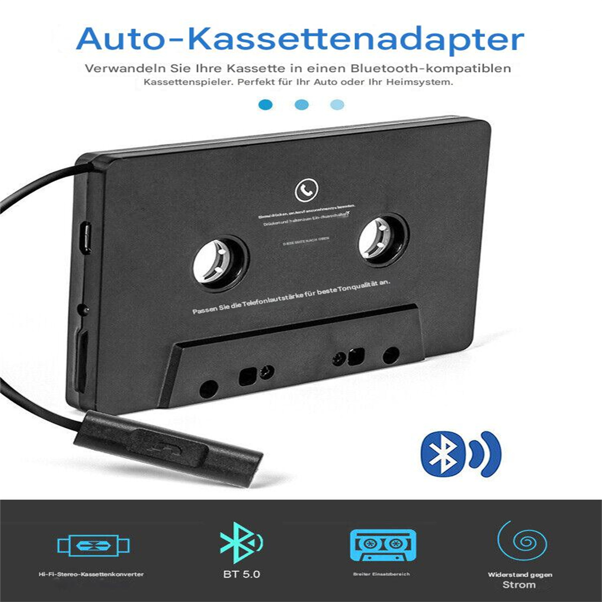 Schwarzer Kassettenbandadapter mit schwarzem Kabel und Bluetooth-Logo.