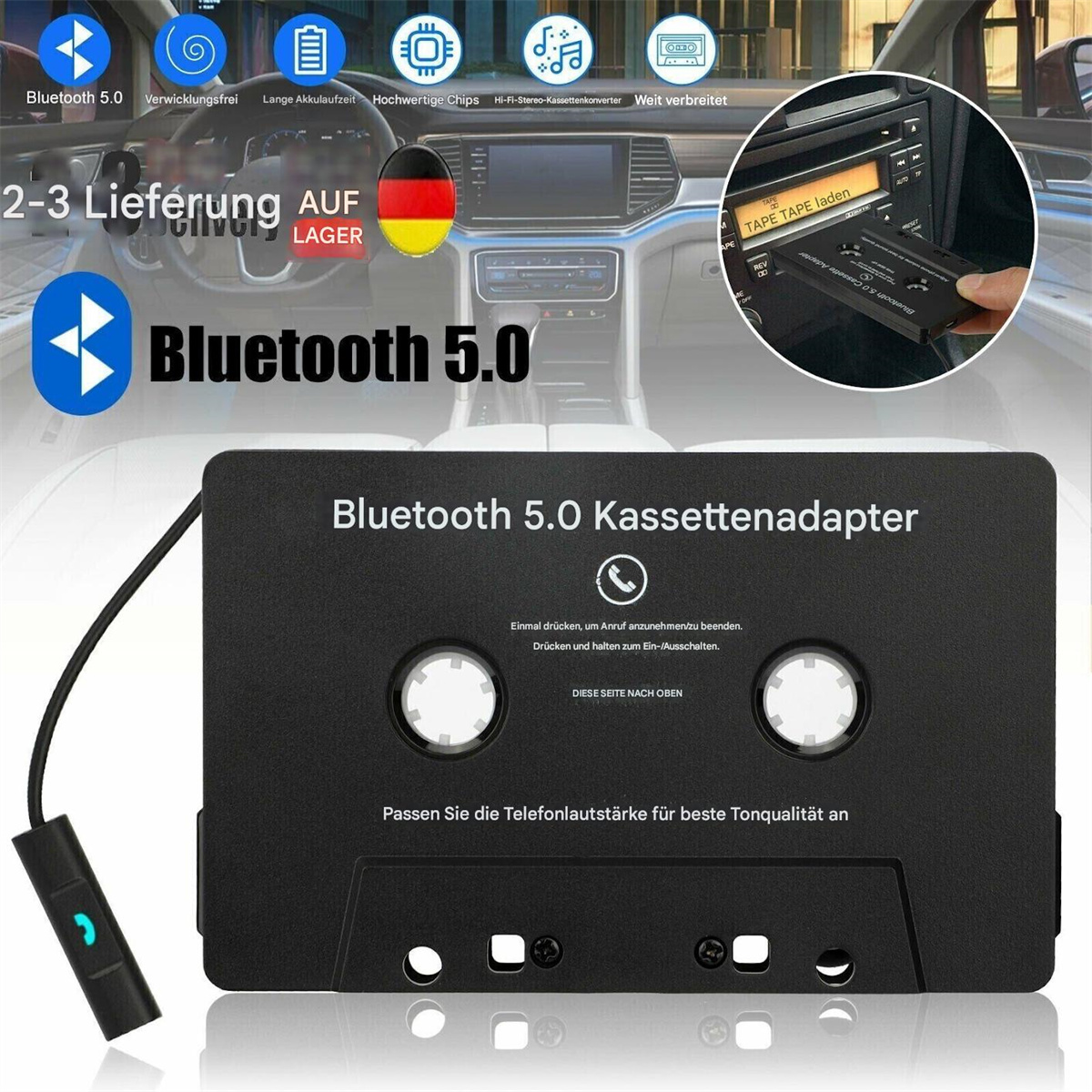 Ein schwarzer Bluetooth 5.0-Kassettenadapter mit Kabel, Kassettenadapter und Autointerieur im Hintergrund.