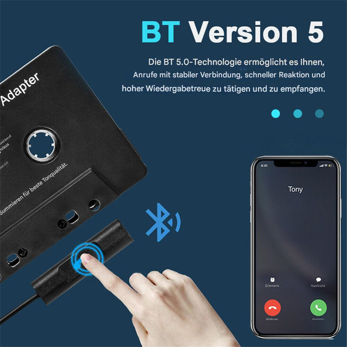 Telefon mit Anrufbildschirm, schwarzem Adapter und Hand, die Bluetooth-Taste drückt.