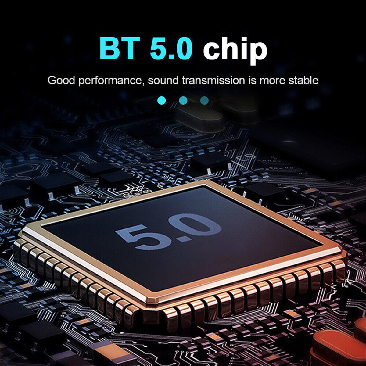 Nahaufnahme eines Computerchips mit '5.0'. Text oben sagt 'BT 5.0 Chip'.