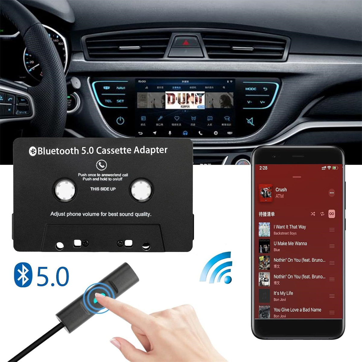 Ein Armaturenbrett, ein Kassettenadapter und ein Smartphone, das eine Musik-Playlist anzeigt.