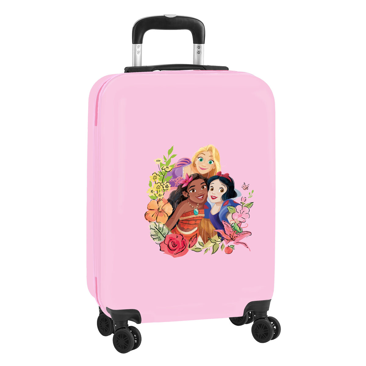 Pinker Koffer mit Disney-Prinzessinnen. Mit Moana, Rapunzel und Schneewittchen.