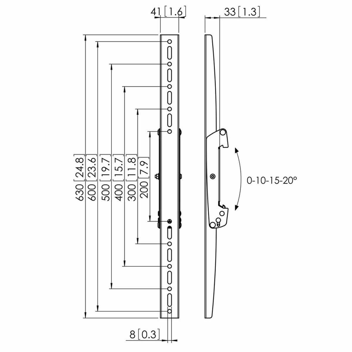 Technische Zeichnung, die eine TV-Halterung mit Abmessungen in Millimetern zeigt, mit einem Bogen, der den Winkel anzeigt.