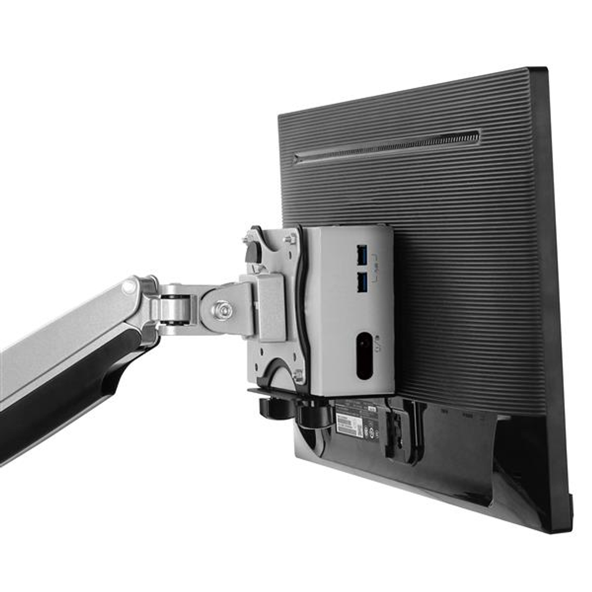 Ein Computermonitor, der an einem verstellbaren Arm befestigt ist. Die Rückseite des Monitors ist sichtbar.
