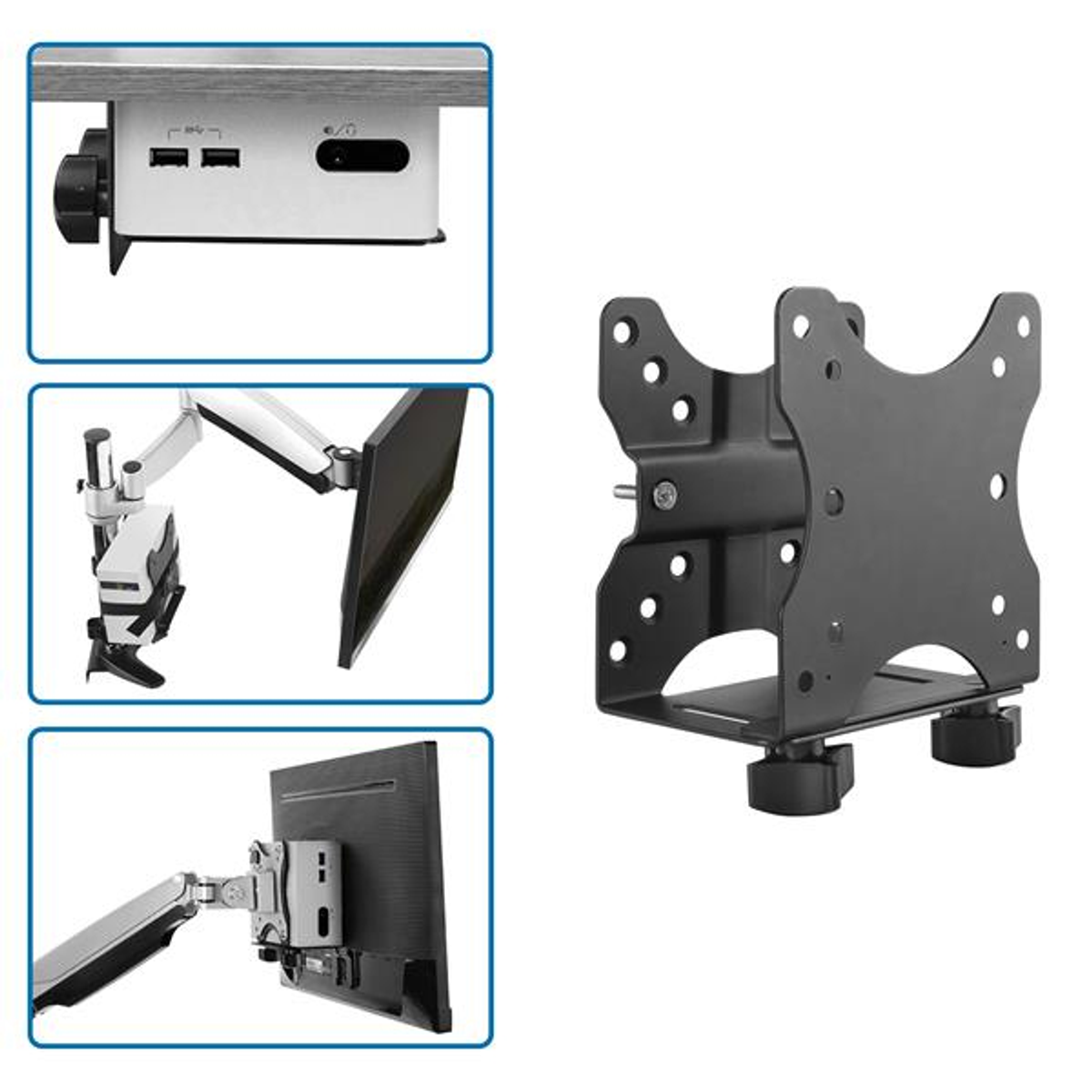 Eine Monitorhalterung mit schwarzem Arm und weißem Schreibtischaufsatz. Mehrere Ansichten der Halterung.