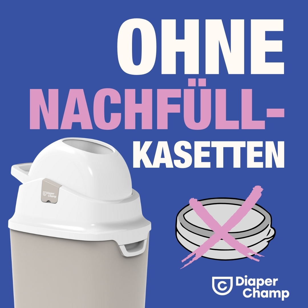 Weiße und graue Windeleimer. Großer Text lautet 'OHNE NACHFÜLL- KASSETTEN.' Eine durchgestrichene Nachfüllkassette ist abgebildet.