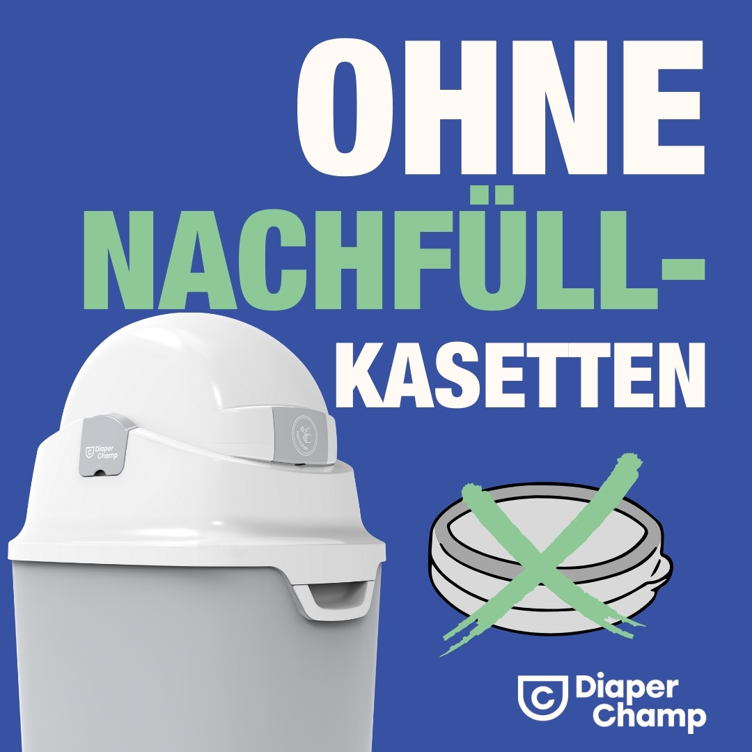 Weißer Windelbehälter. Text lautet: 'OHNE NACHFÜLL-KASSETTEN'.