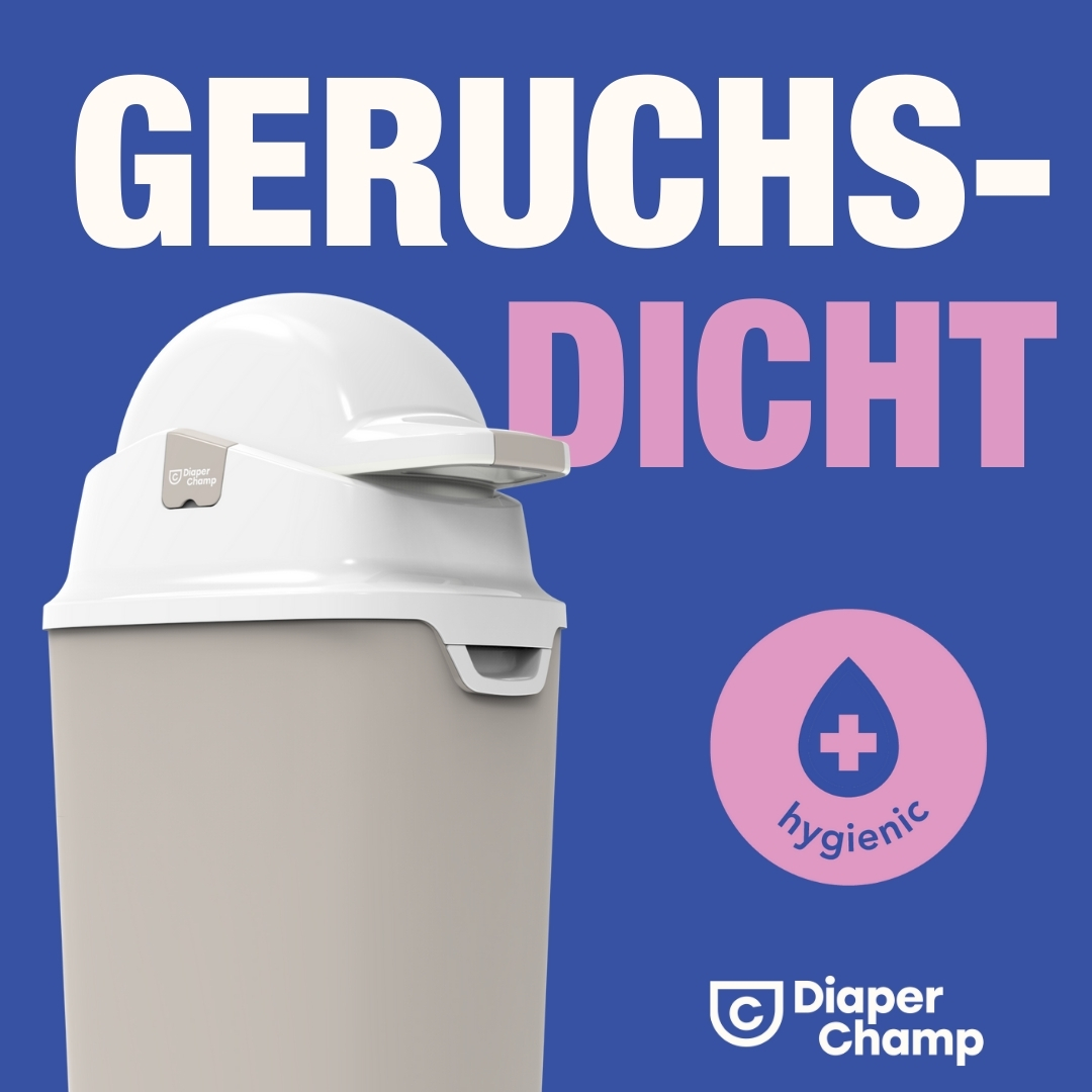 Weiß-grauer Windeleimer mit rosa Hygienik-Symbol und Text auf blauem Hintergrund.