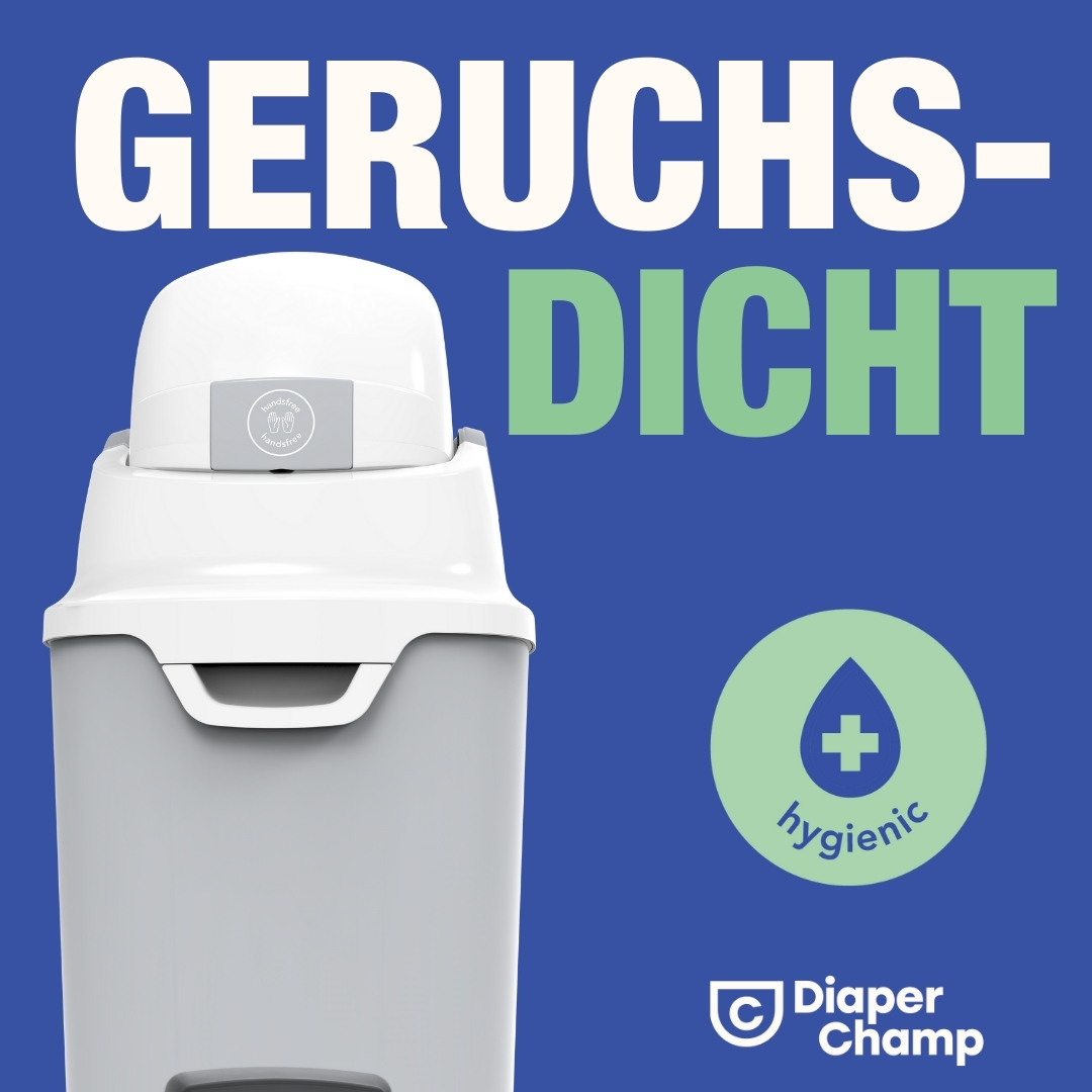 Ein weißer und grauer Windeleimer mit der Aufschrift 'GERUCHSDICHT' und 'hygienisch'.