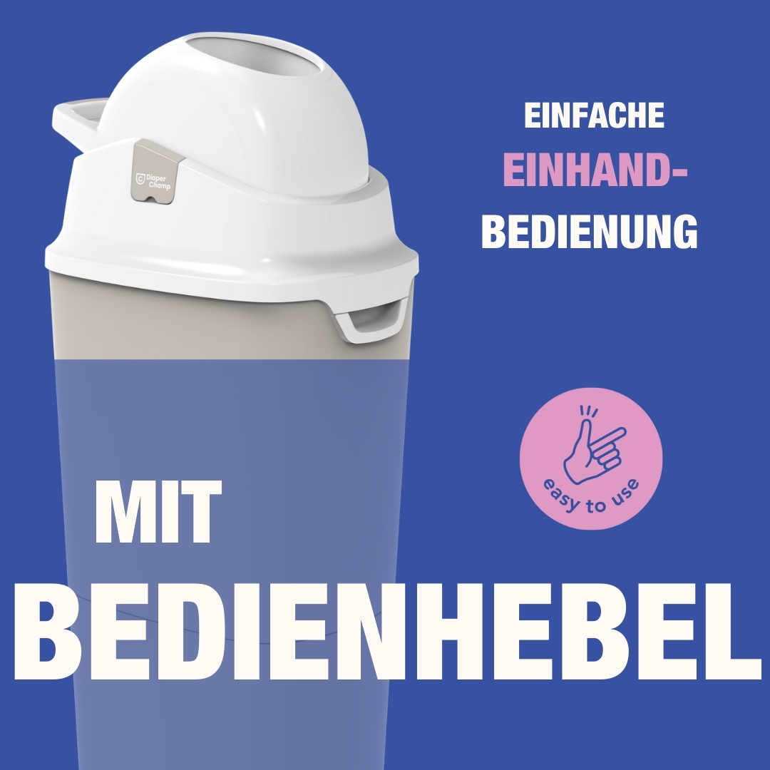 Ein weißer und grauer Mülleimer mit Deckel. Der Text lautet: "Einfache Einhandbedienung" und "mit Bedienhebel."