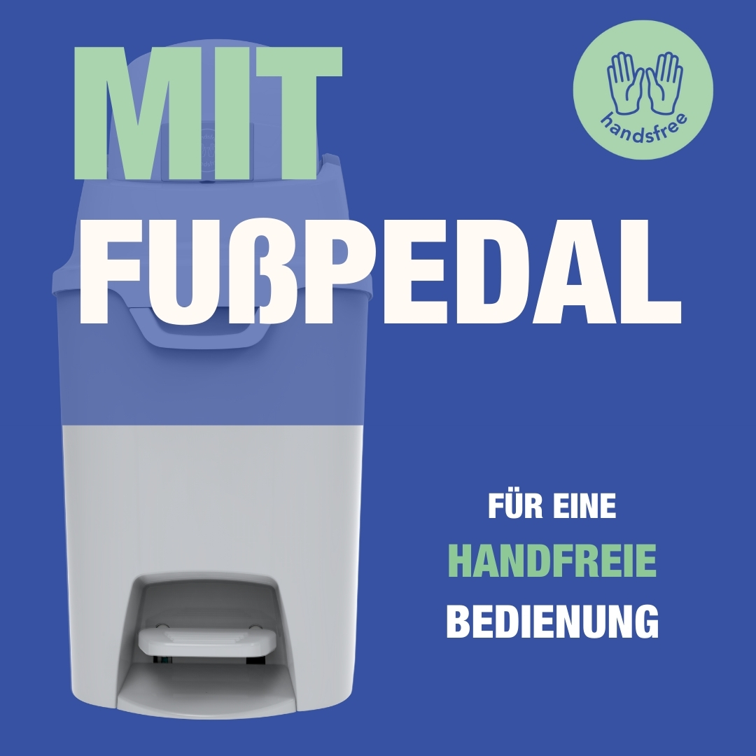 Blauer und weißer Mülleimer mit Fußpedal. Text: Freihändige Bedienung.