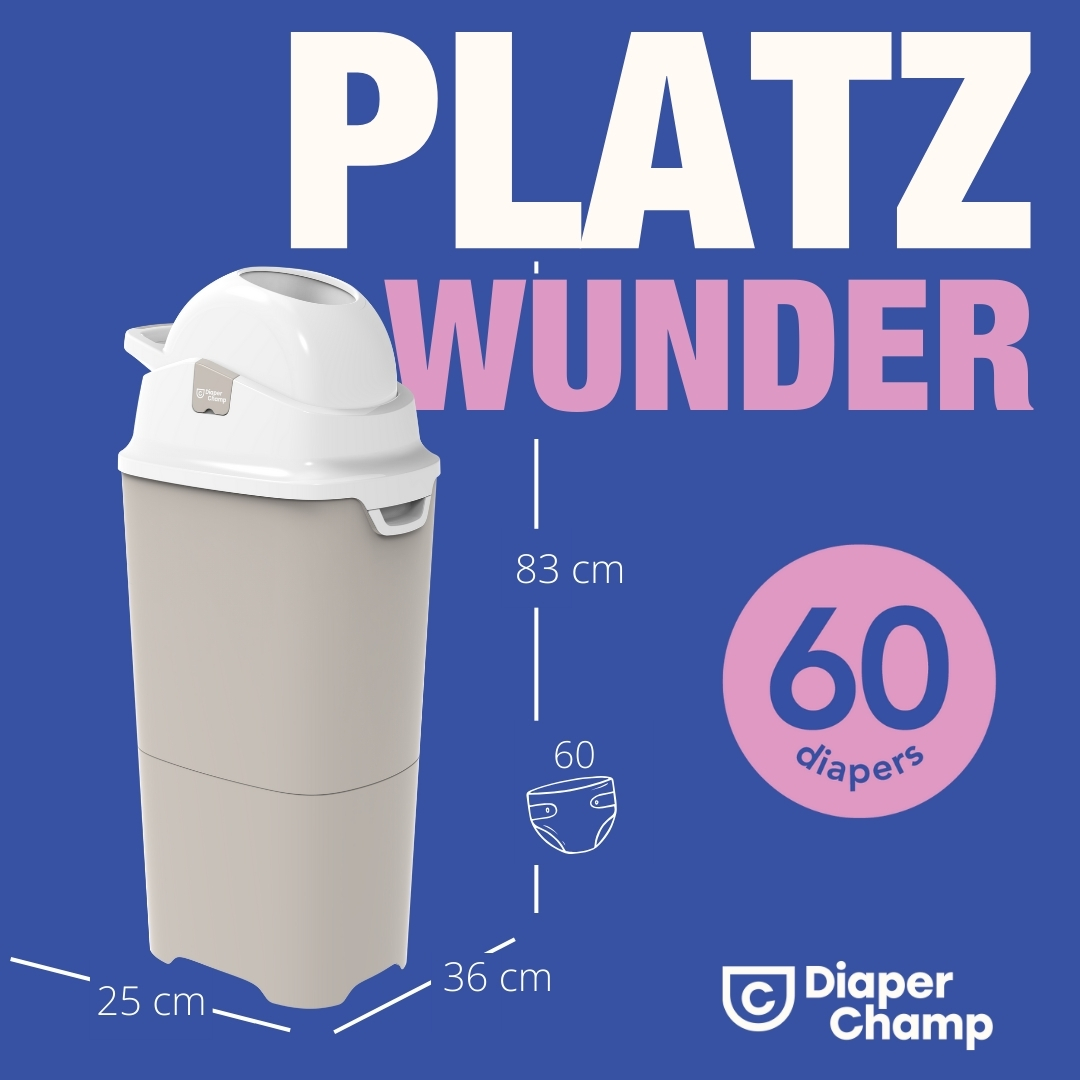 Eine beige Windelentsorgungseinheit mit Abmessungen und Kapazitätsinformationen. Ein rosa Kreis hat Text.