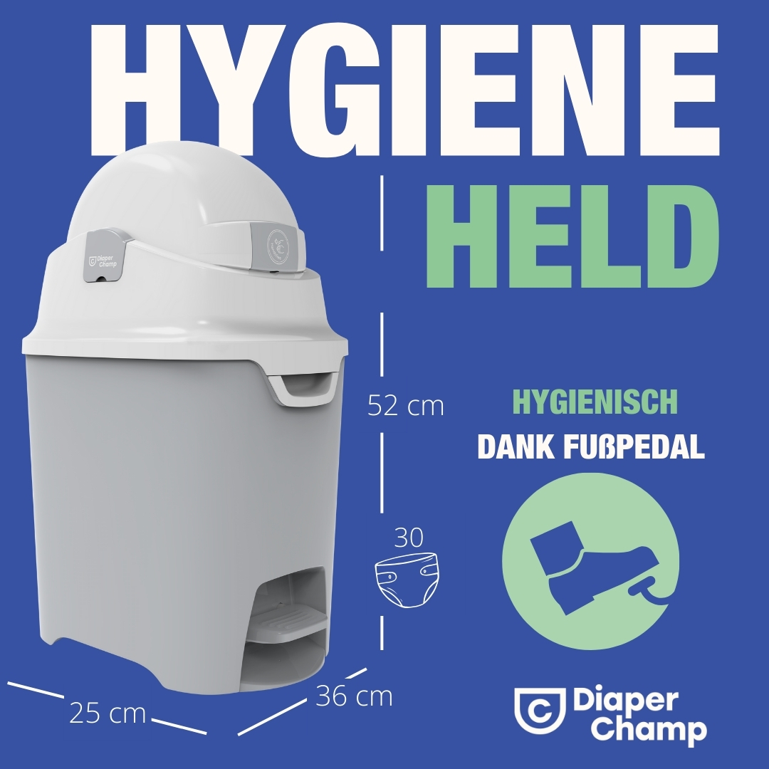 Grauer Windeleimer mit Fußpedal. Text: Hygieneheld. Abmessungen sind abgebildet.