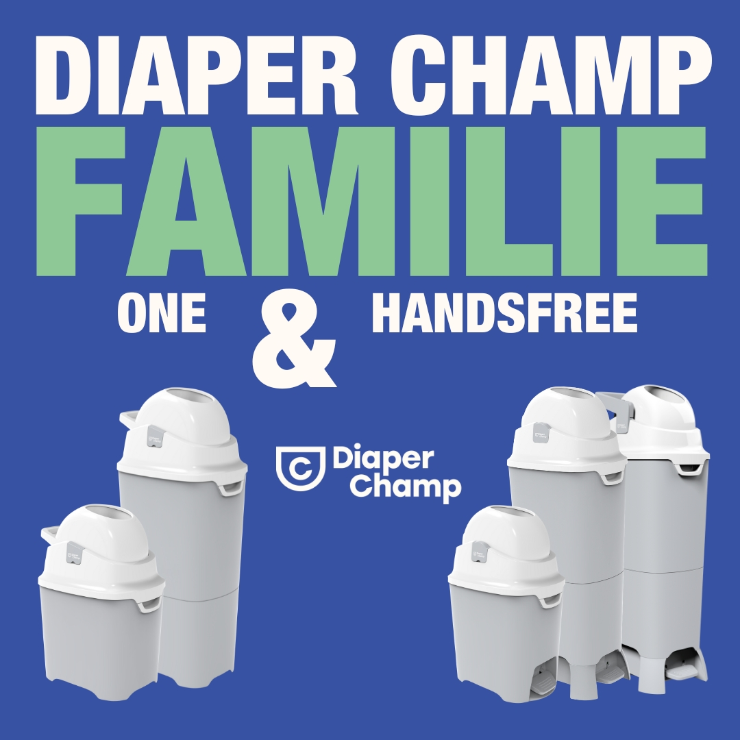 Diaper Champ Familie. Mehrere graue Windelbehälter. Text: 'DIAPER CHAMP FAMILY ONE & HANDSFREE'.
