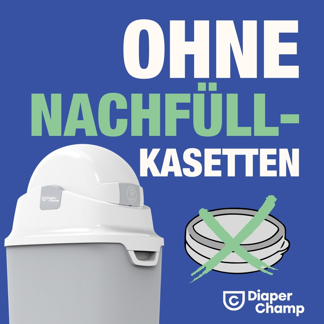 Ein weißer Windeleimer mit einer Grafik eines Windel-Nachfüllpacks mit einem Kreuz. Text: Ohne Nachfüllkassetten.
