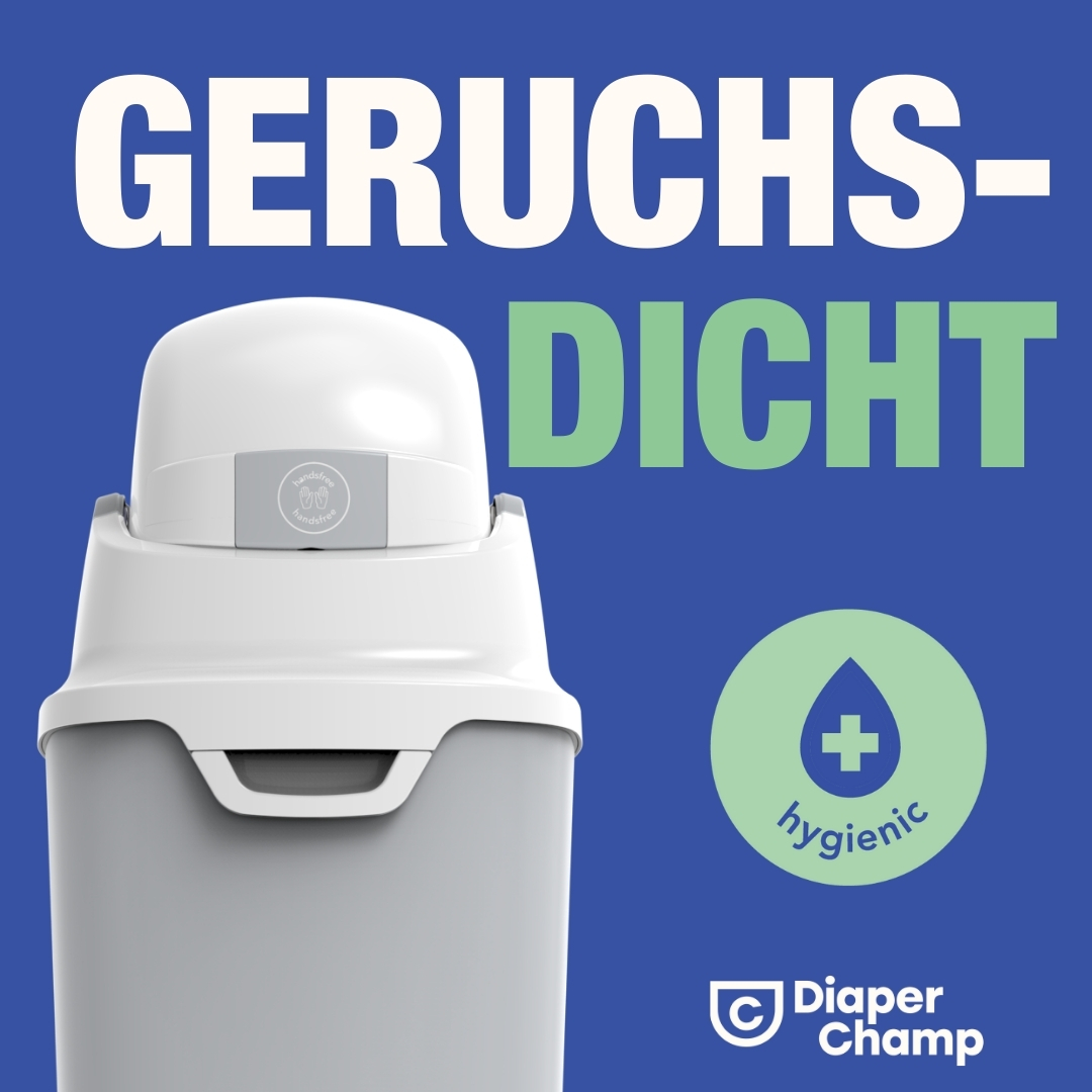 Eine weiße und graue Windelentsorgungseinheit mit Text, der 'geruchsdicht' und 'hygienisch' sagt.