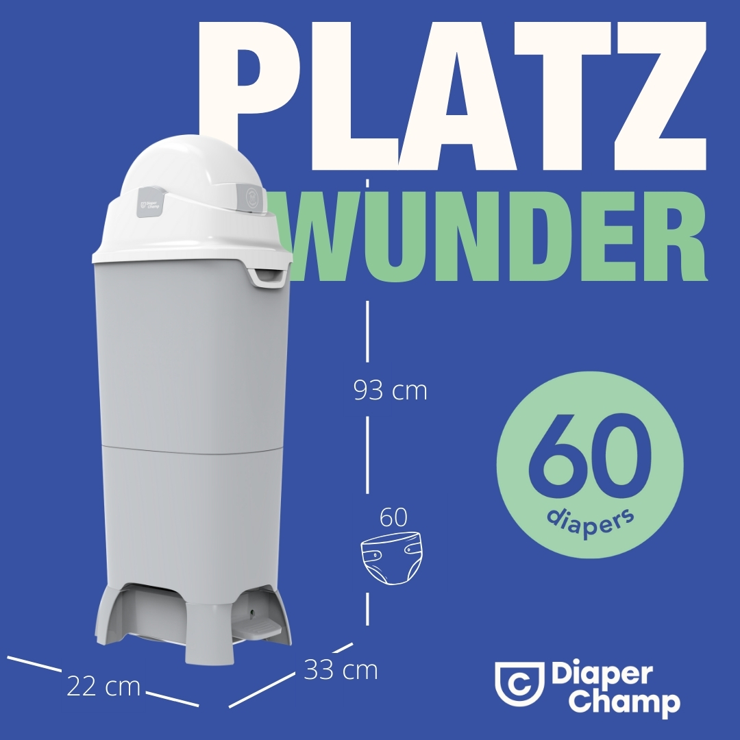 Hoher grauer Windeleimer mit Maßangaben. Text: 'Platz Wunder' und '60 Windeln'.