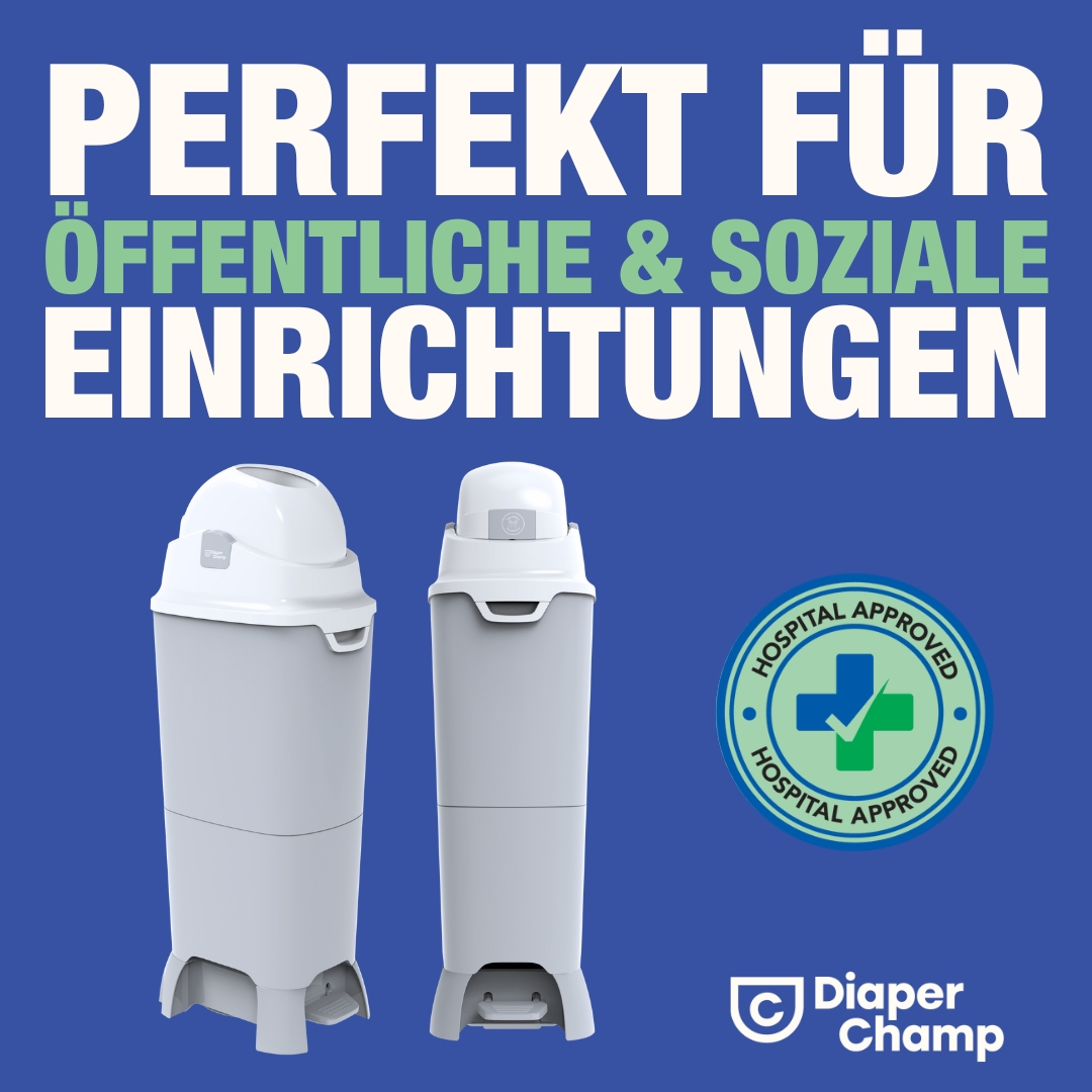 Zwei weiße Windelentsorgungseinheiten mit dem Text "Perfekt für öffentliche und soziale Einrichtungen". Ein Siegel wird angezeigt.