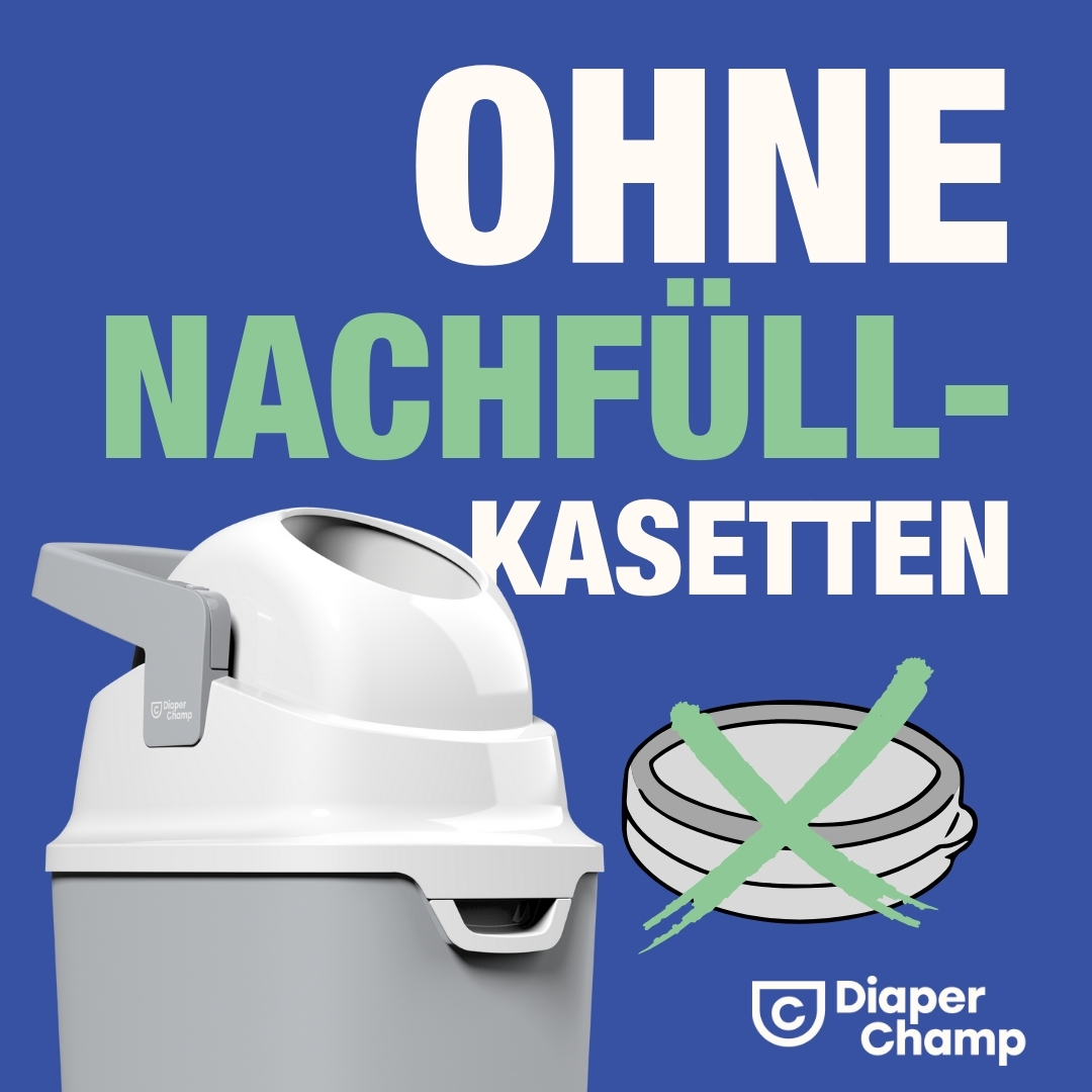 Ein weißer Windeleimer mit Deckel und ein durchgestrichenes Kassettenbild auf blauem Hintergrund.