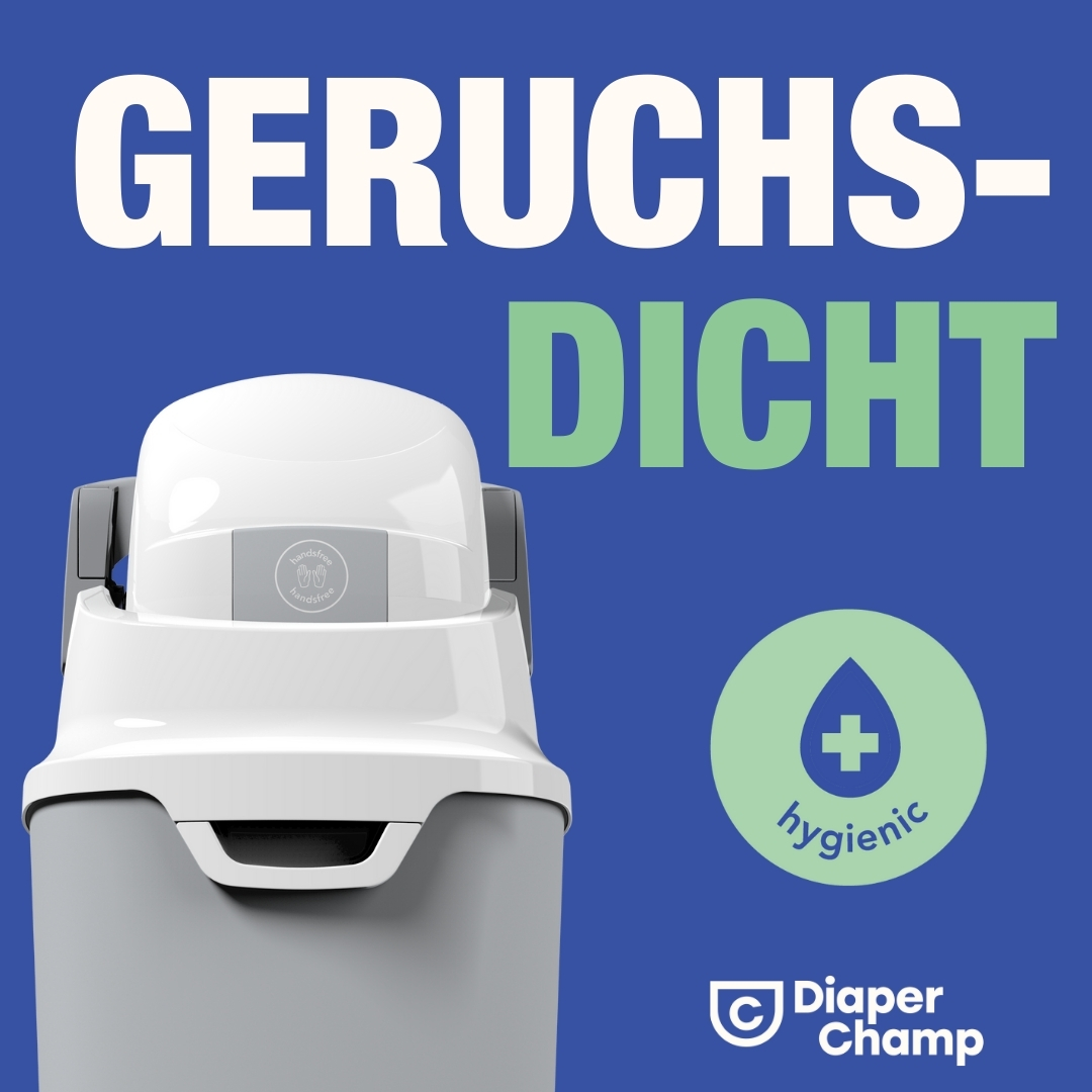 Ein weißer Windeleimer mit grünem und blauem Hintergrund, mit den Worten 'Geruchs-Dicht' und 'hygienisch'.
