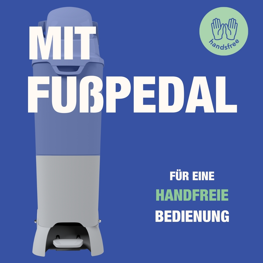 Ein blau-grauer Mülleimer mit Fußpedal und den Worten 'handsfree' und 'Fußpedal'.