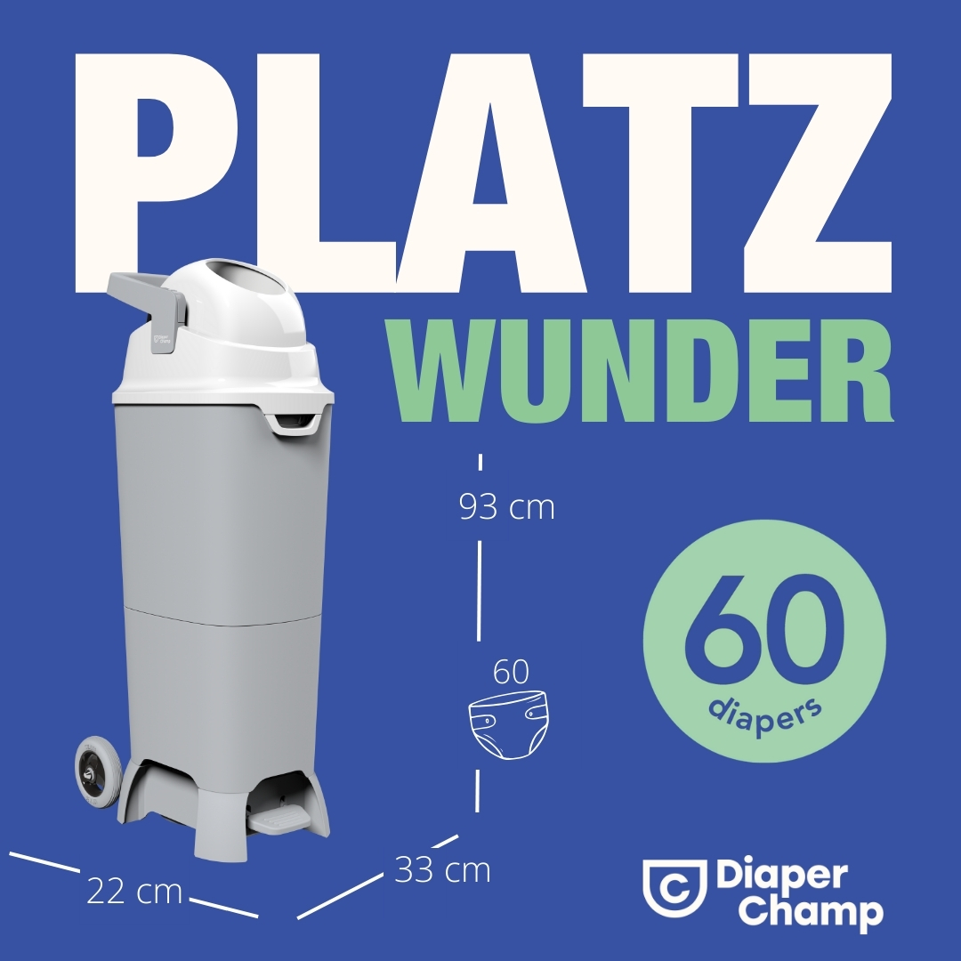 Ein weißer Windeleimer mit Maßen und Text. Der Text lautet Platz Wunder und 60 Windeln.