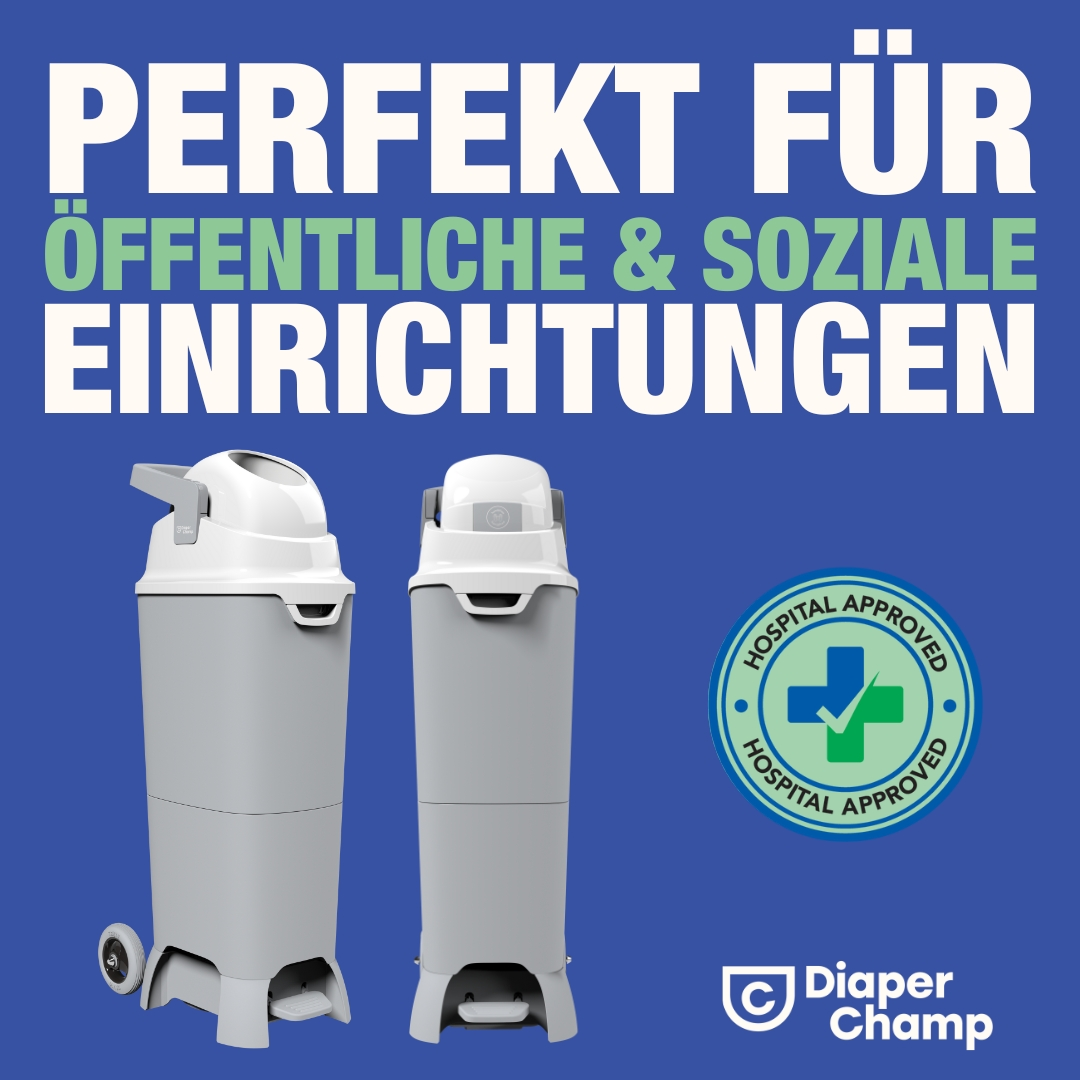 Zwei graue Windelentsorgungseinheiten mit dem Text 'Hospital Approved' und 'Diaper Champ' Logo auf blauem Grund.