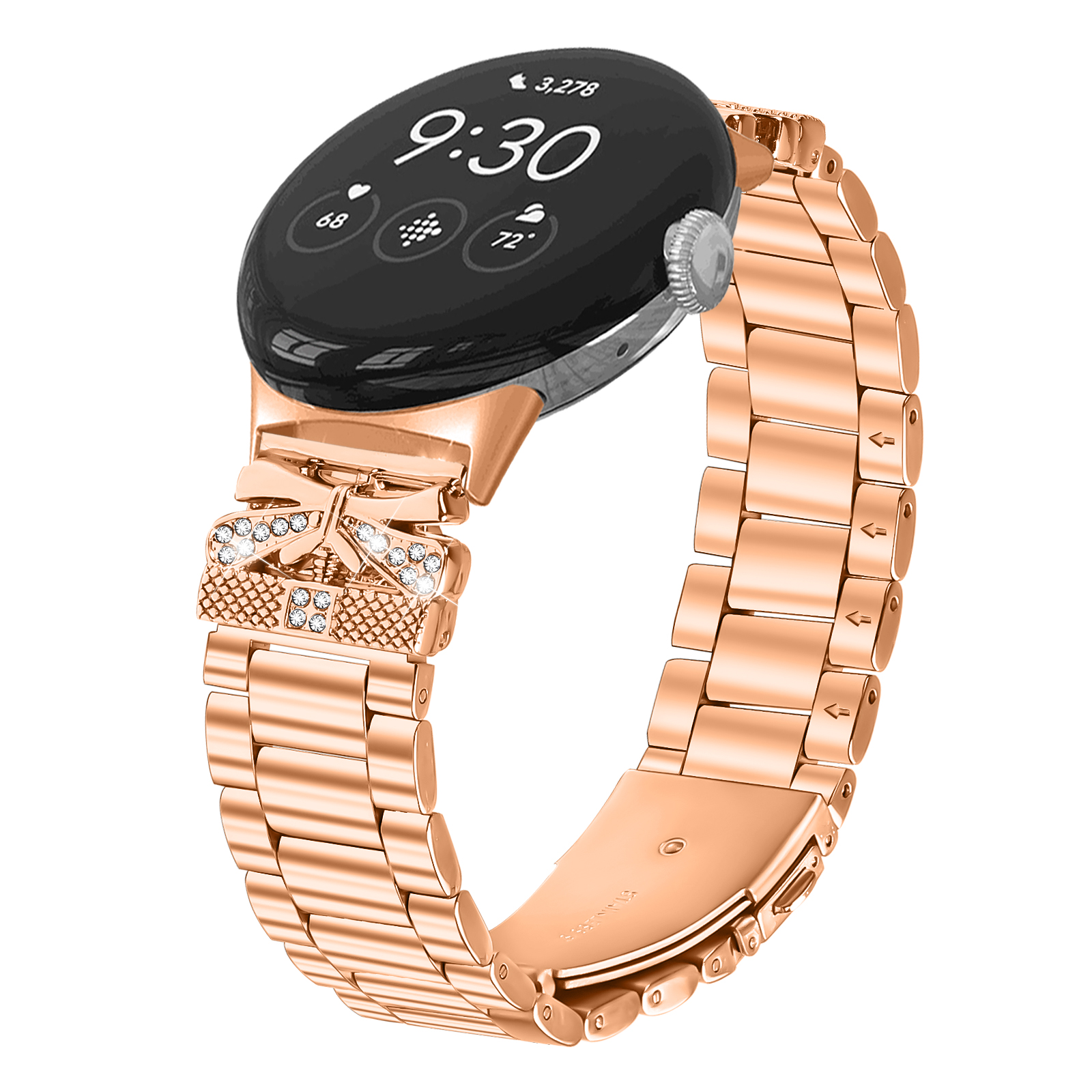 Smartwatch oro rosa con cinturino oro rosa con diamanti. Sfondo bianco.
