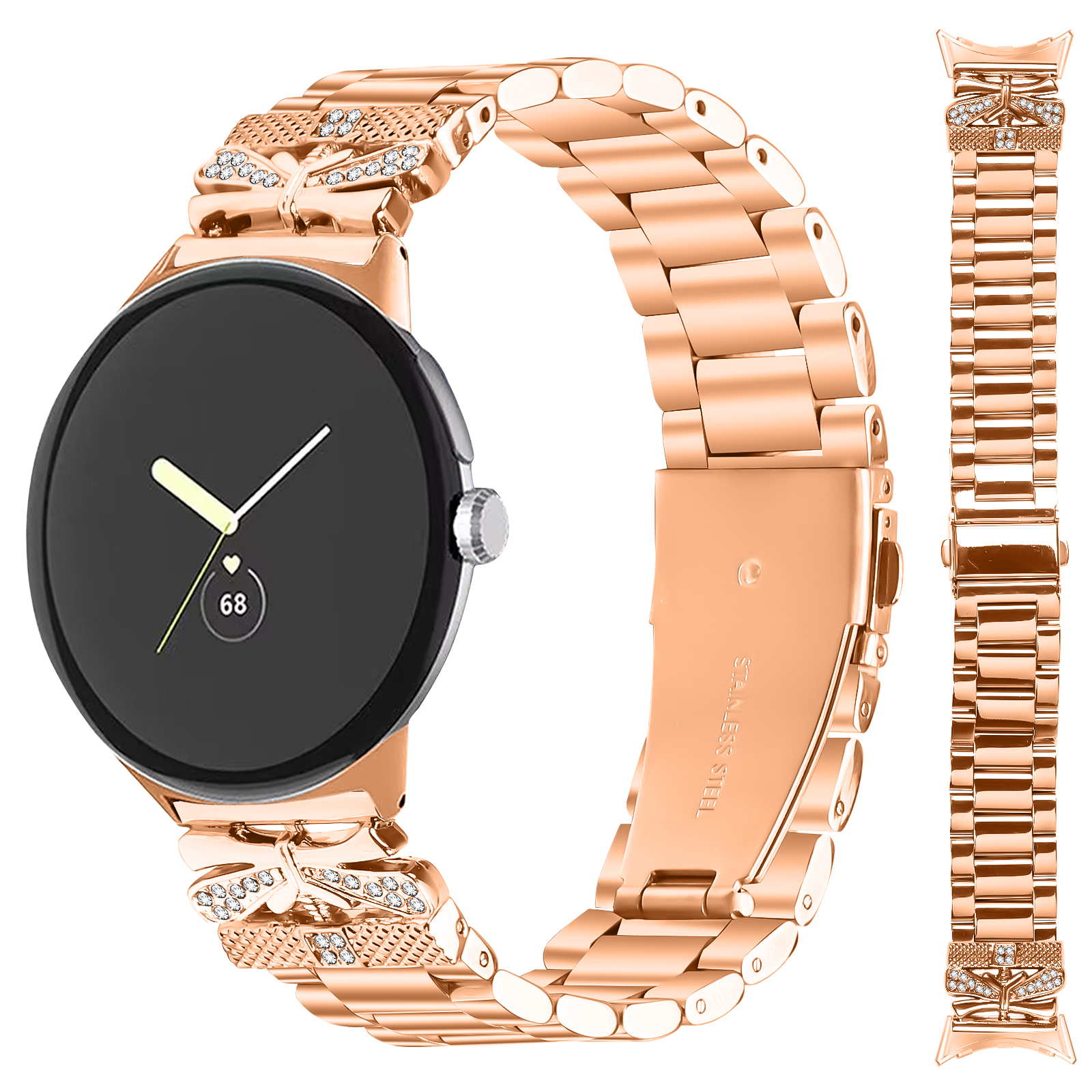 Uno smartwatch oro rosa con cinturino abbinato. L'orologio ha uno schermo nero e il cinturino è in acciaio inossidabile.
