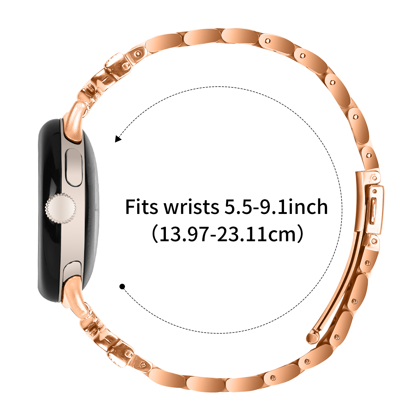 Cinturino per orologio in oro rosa. Il testo dice: Adatto a polsi da 5,5-9,1 pollici.