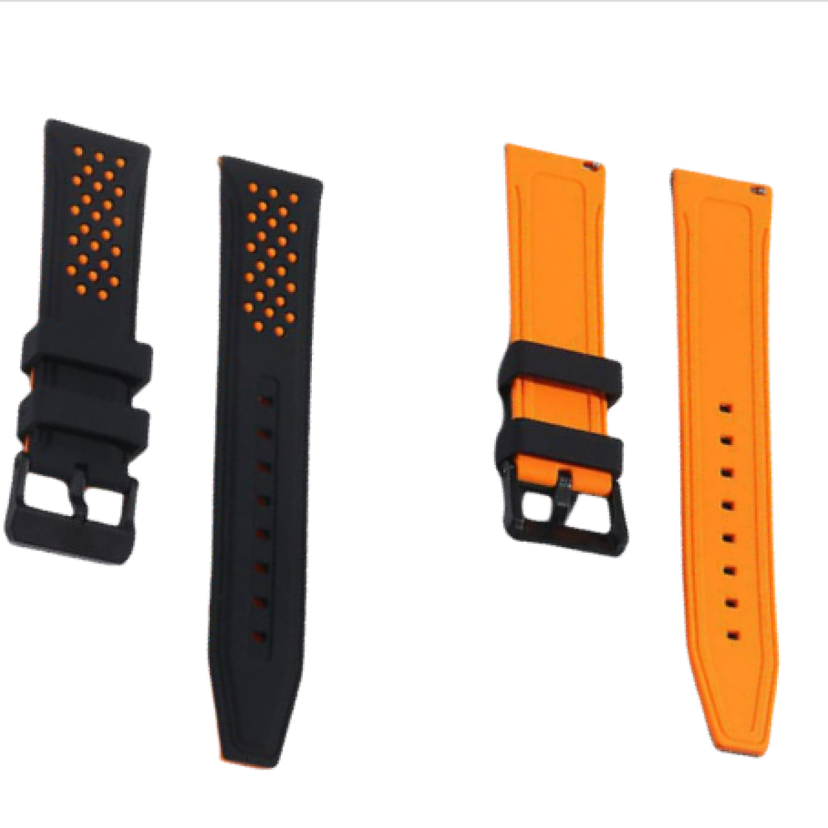 Due paia di cinturini per orologi, uno nero con pois arancioni, l'altro arancione.