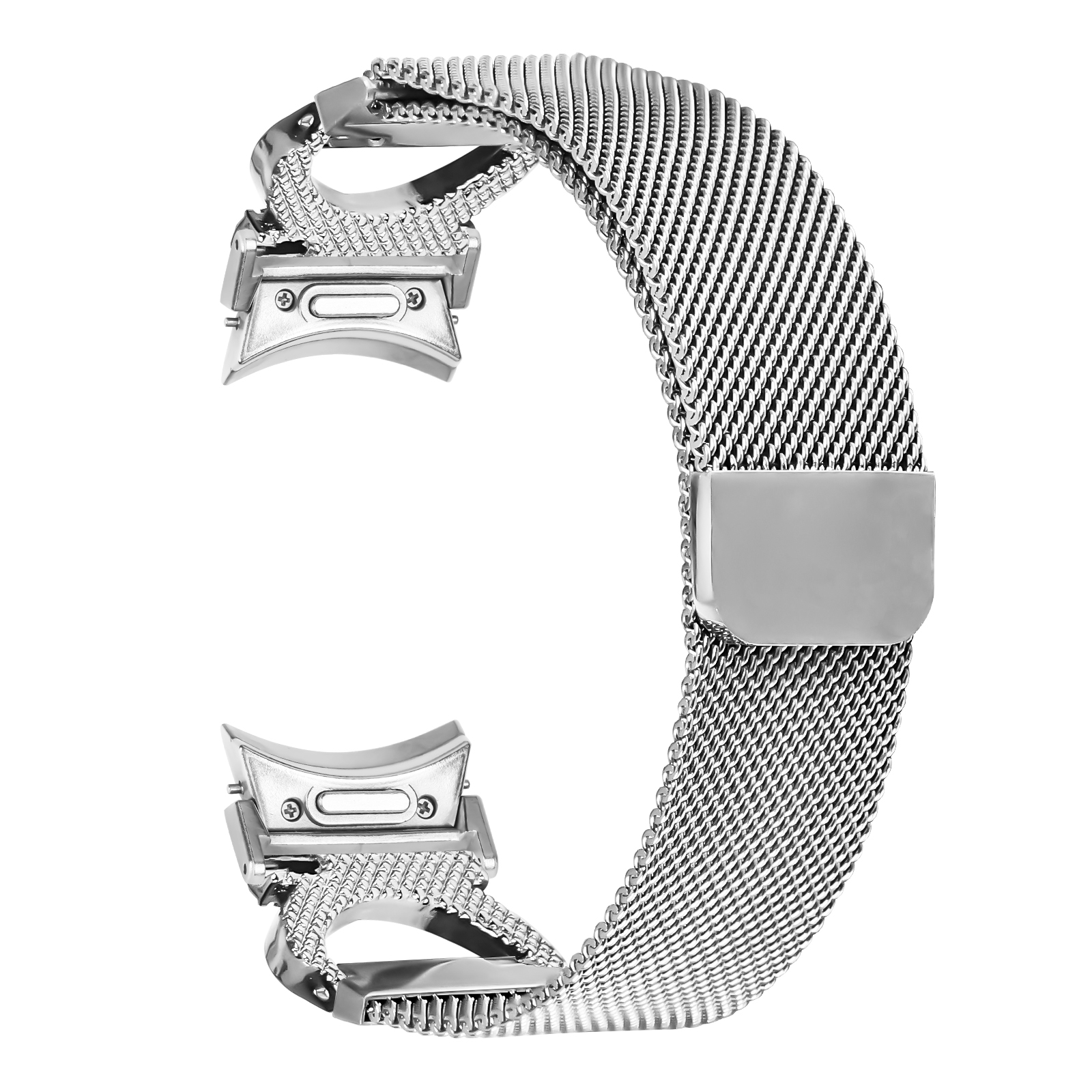 Cinturino per orologio in acciaio inossidabile argentato con design a rete, isolato su sfondo bianco.