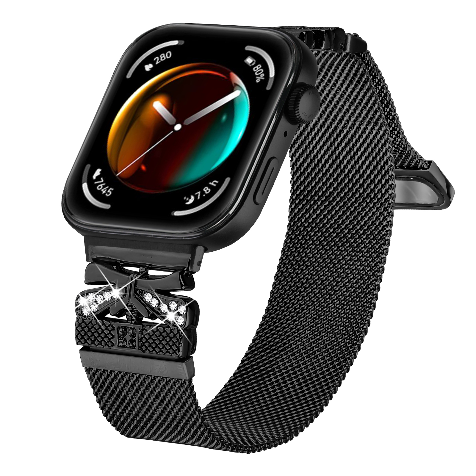 Smartwatch nero con cinturino nero, ornato di cristalli. Mostra dati.