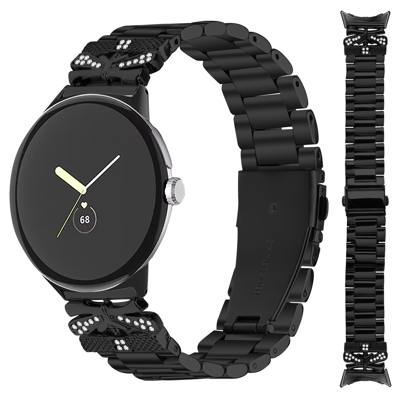 Smartwatch nero con cinturino nero, con accenti simili a diamanti.